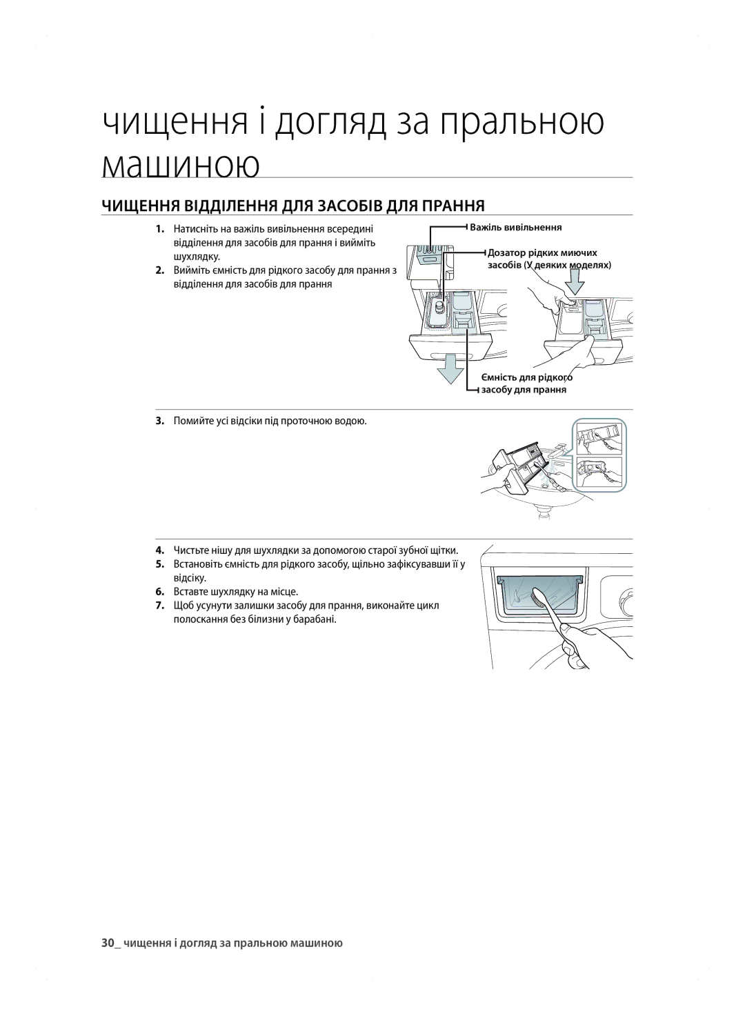 Samsung WF600B0BCWQDLP, WF600B0BCWQ/LP ЧИЩЕННя ВІДДІлЕННя Для ЗАсОБІВ Для ПРАННя, 30 чищення і догляд за пральною машиною 