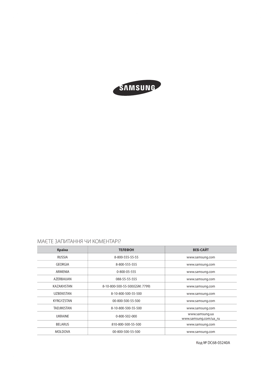 Samsung WF600B0BCWQDLP, WF600B0BCWQ/LP manual Маєте Запитання ЧИ КОМЕНТАРІ?, Код DC68-03240A 