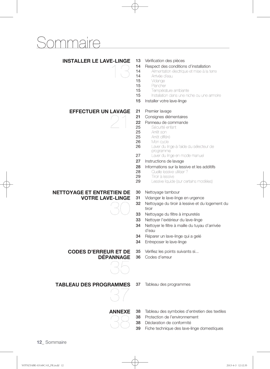 Samsung WF602B2BKWQ/EF manual Sommaire, Tableau des programmes, Protection de l’environnement, Déclaration de conformité 