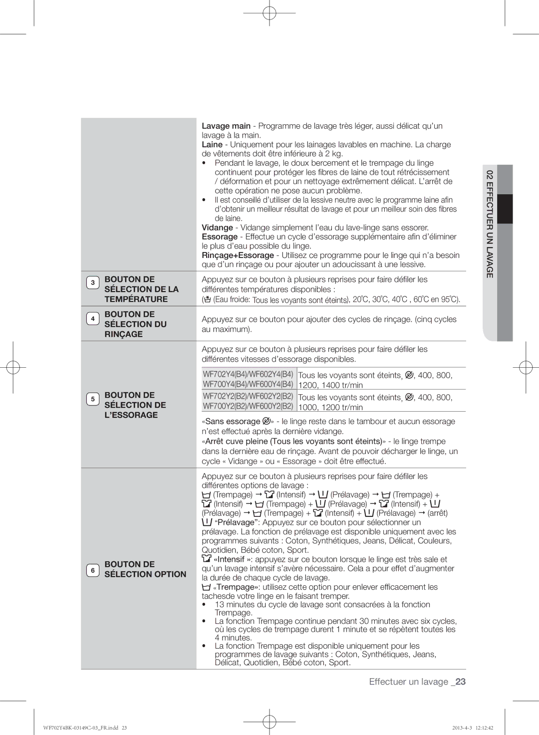 Samsung WF600B4BKWQ/EF manual Bouton DE, Sélection DE LA, Température, Sélection DU, Rinçage, ’Essorage, Sélection Option 