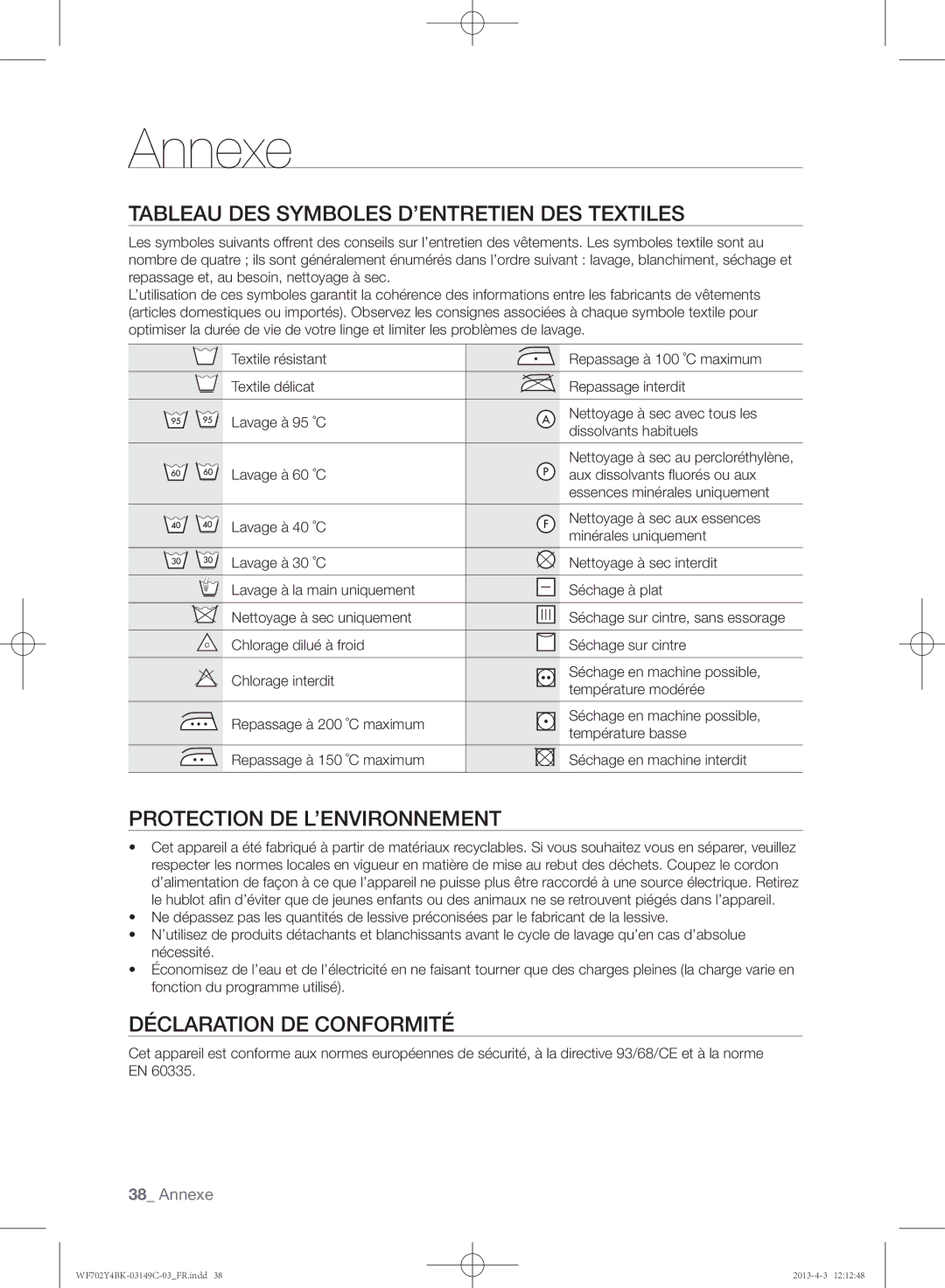 Samsung WF600B4BKWQ/EF manual Annexe, Tableau des symboles d’entretien des textiles, Protection de l’environnement 