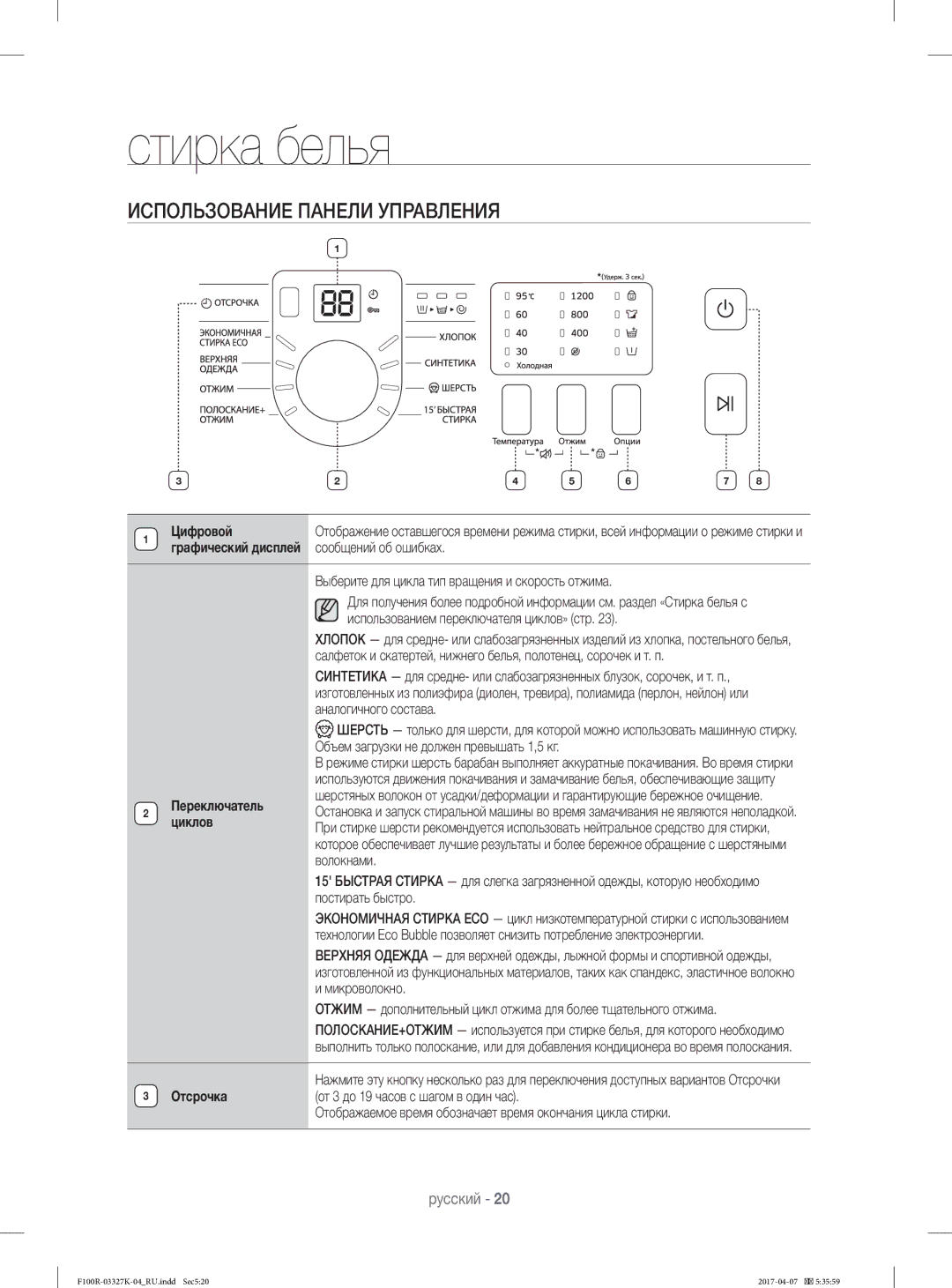 Samsung WF60F1R0E2WDLP, WF60F1R1E2SDLP Использование Панели Управления, Выберите для цикла тип вращения и скорость отжима 