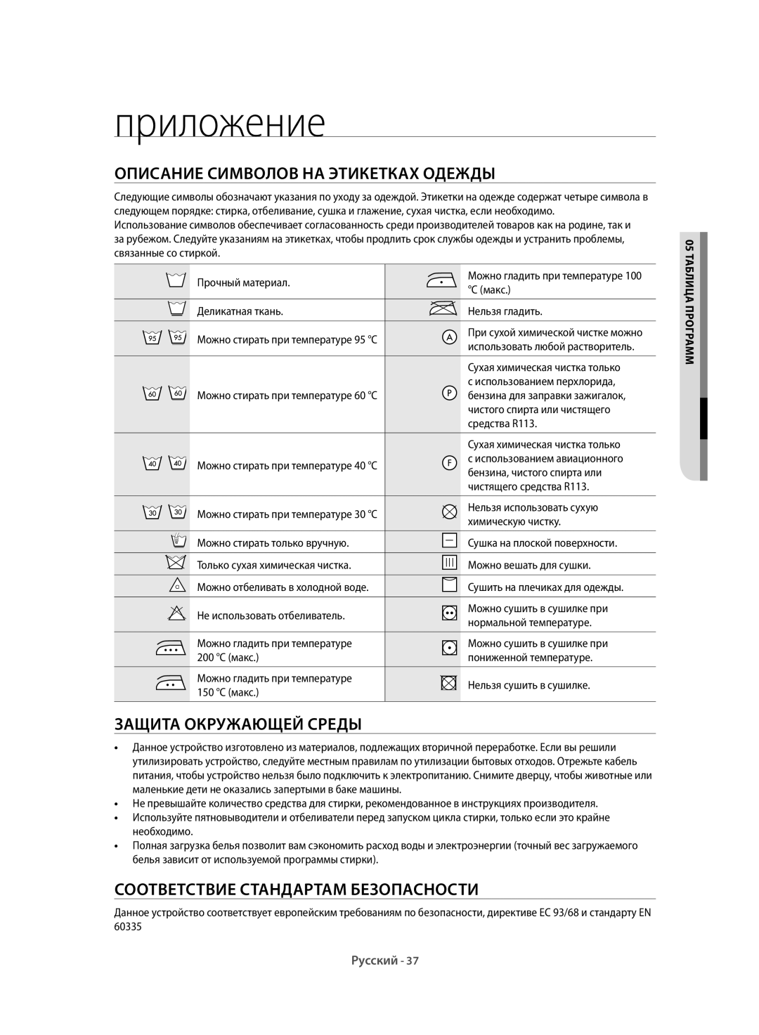 Samsung WF60F1R1W2WDLP manual Описание Символов НА Этикетках Одежды, Защита Окружающей Среды, 05 тАблИцА ПРогРАММ 