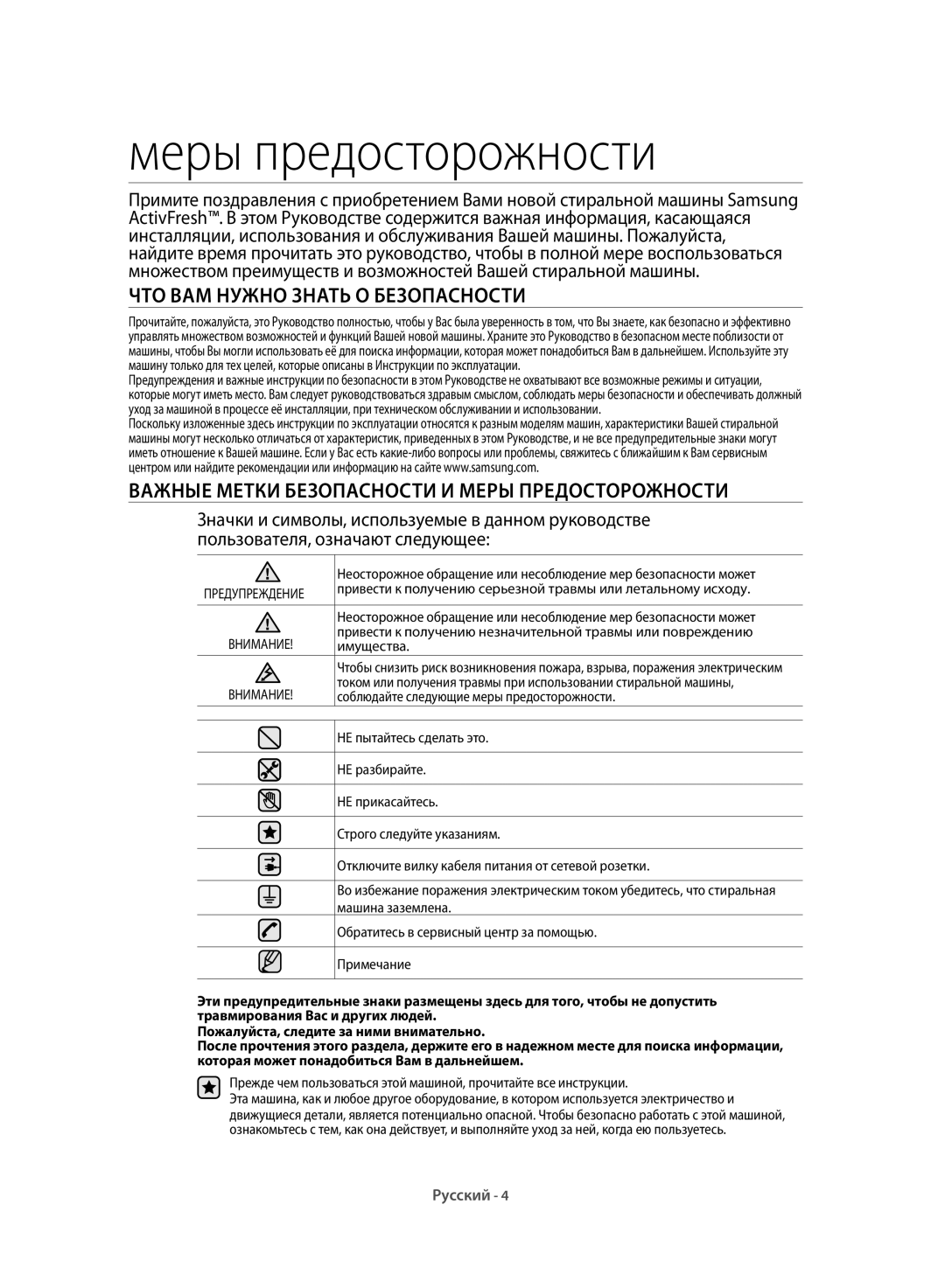 Samsung WF60F1R1W2WDLP ЧТО ВАМ Нужно Знать О Безопасности, Важные Метки Безопасности И Меры Предосторожности, Имущества 