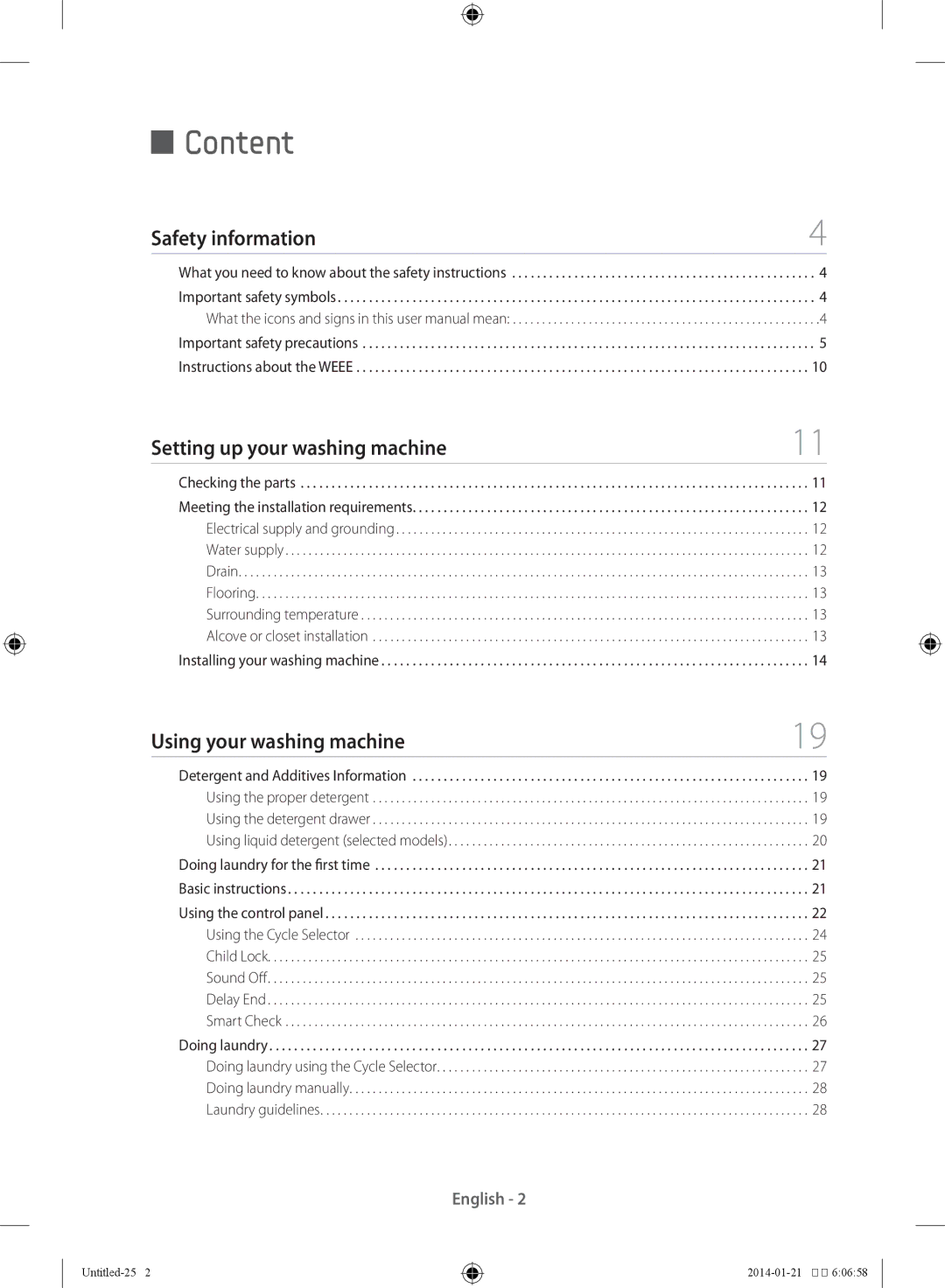 Samsung WF60F4E0N2W/LE manual Content, Safety information Setting up your washing machine, Using your washing machine 