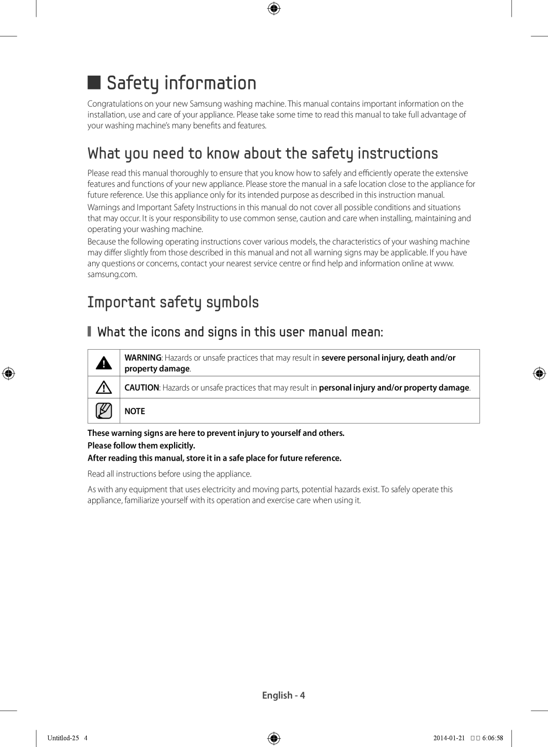 Samsung WF60F4E0N0W/LE, WF60F4E0W0W/LE, WF60F4E0N2W/LE Safety information, Read all instructions before using the appliance 