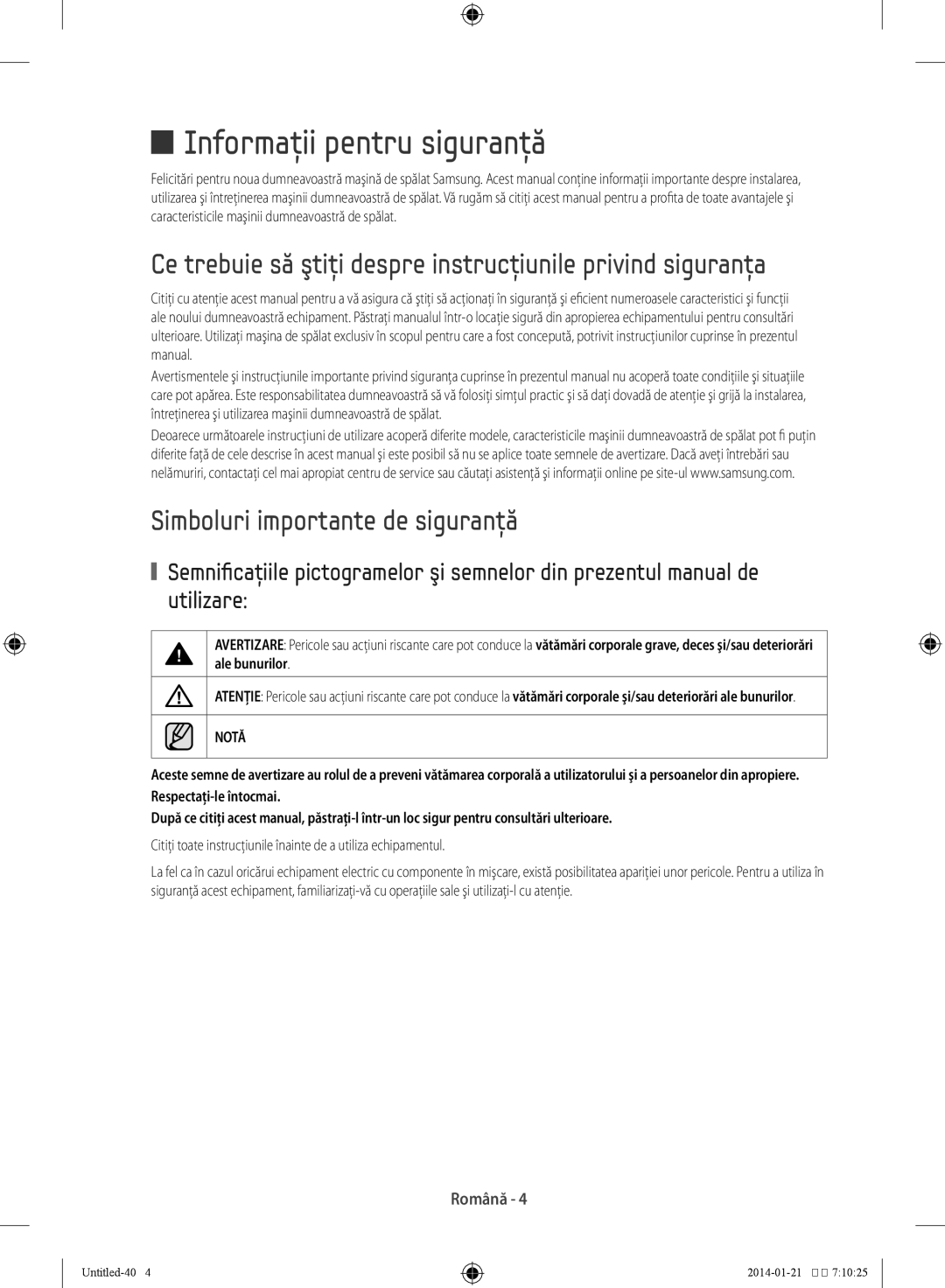 Samsung WF60F4E0W0W/LE Informaţii pentru siguranţă, Ce trebuie să ştiţi despre instrucţiunile privind siguranţa, Notă 