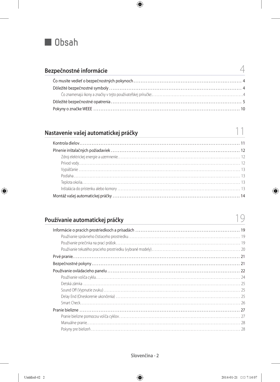 Samsung WF60F4E0N0W/LE manual Bezpečnostné informácie, Nastavenie vašej automatickej práčky, Používanie automatickej práčky 