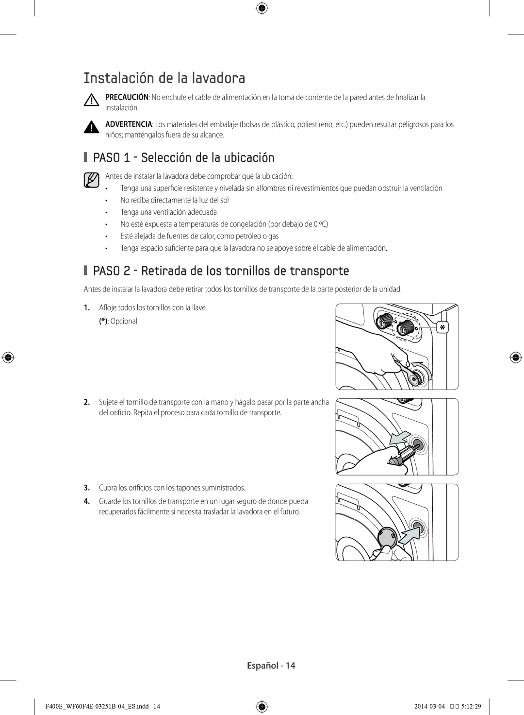 Samsung WF60F4E0W2W/EC, WF80F5E2W2W/EC, WF80F5E0W2W/EC manual Instalación de la lavadora, Paso 1 Selección de la ubicación 