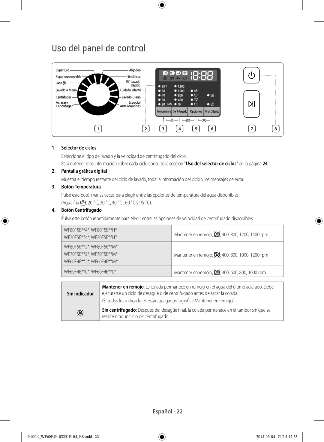 Samsung WF80F5E2W2W/EC manual Uso del panel de control, Selector de ciclos, Pantalla gráfica digital, Botón Temperatura 