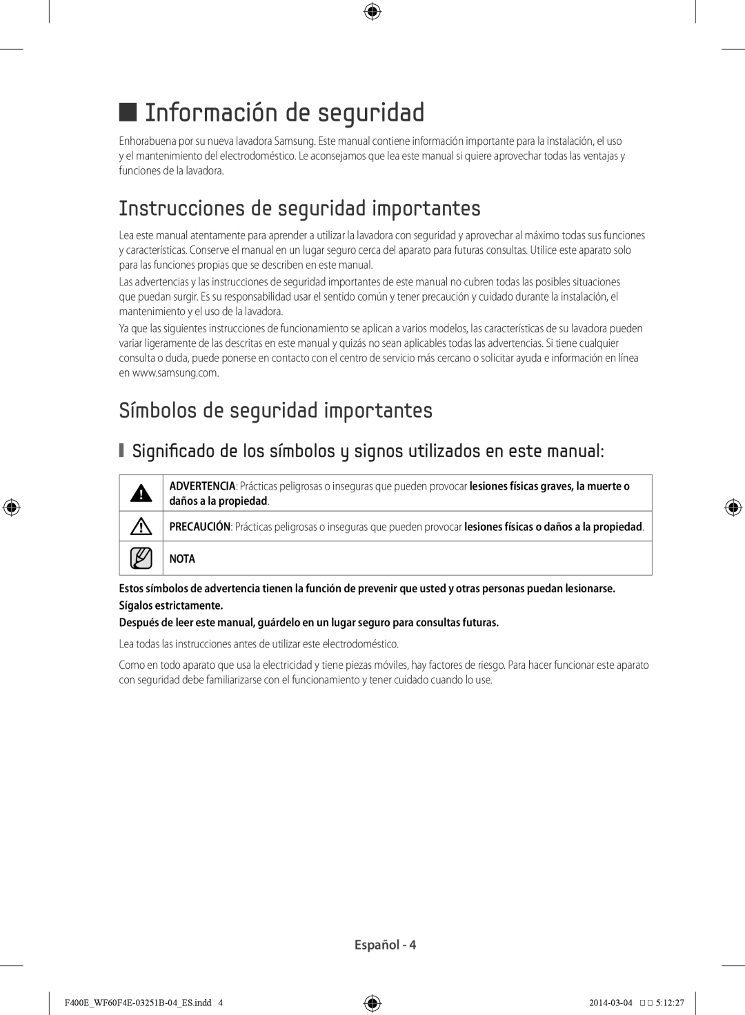 Samsung WF70F5E0W2W/EC Información de seguridad, Instrucciones de seguridad importantes, Símbolos de seguridad importantes 