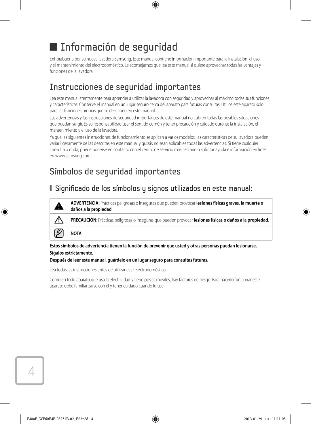 Samsung WF70F5E2U2W/EC, WF60F4E0W2W/EC manual Instrucciones de seguridad importantes, Símbolos de seguridad importantes 