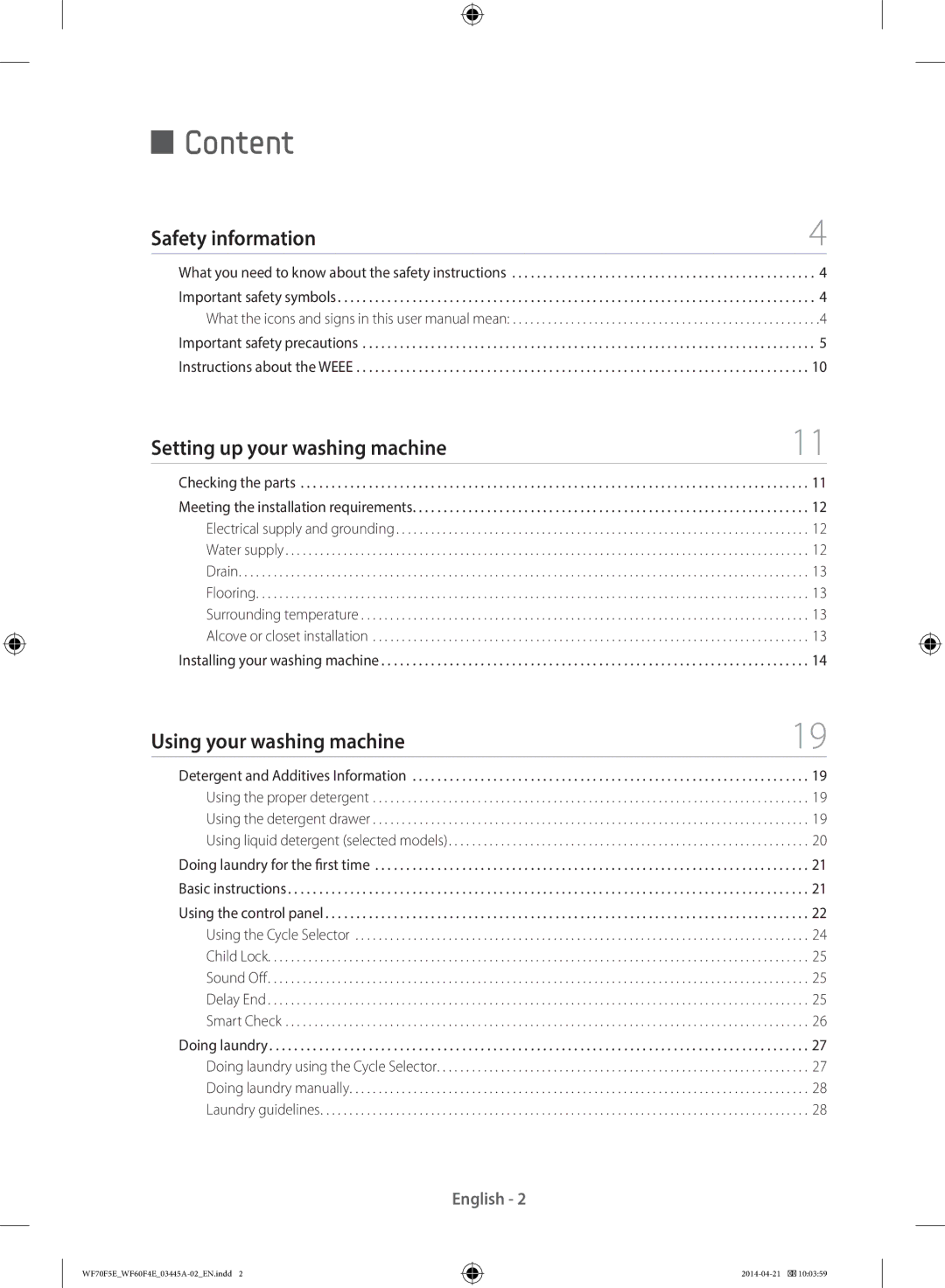 Samsung WF70F5EDW2W/LE manual Content, Safety information Setting up your washing machine, Using your washing machine 