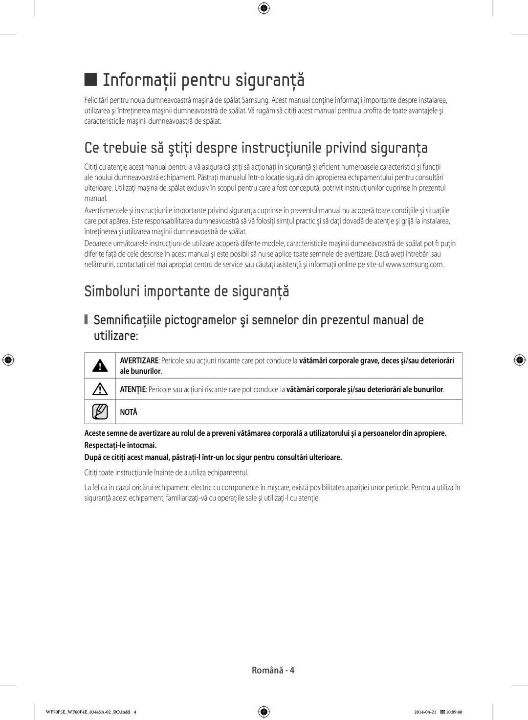 Samsung WF60F4EFW0W/LE Informaţii pentru siguranţă, Ce trebuie să ştiţi despre instrucţiunile privind siguranţa, Notă 