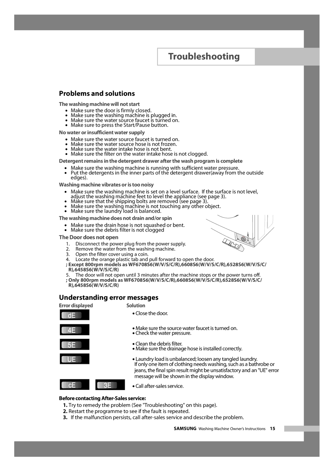 Samsung WF6520S6V/YLP, WF6450S6V/YLR, WF6450S6V/YLW Troubleshooting, Problems and solutions, Understanding error messages 