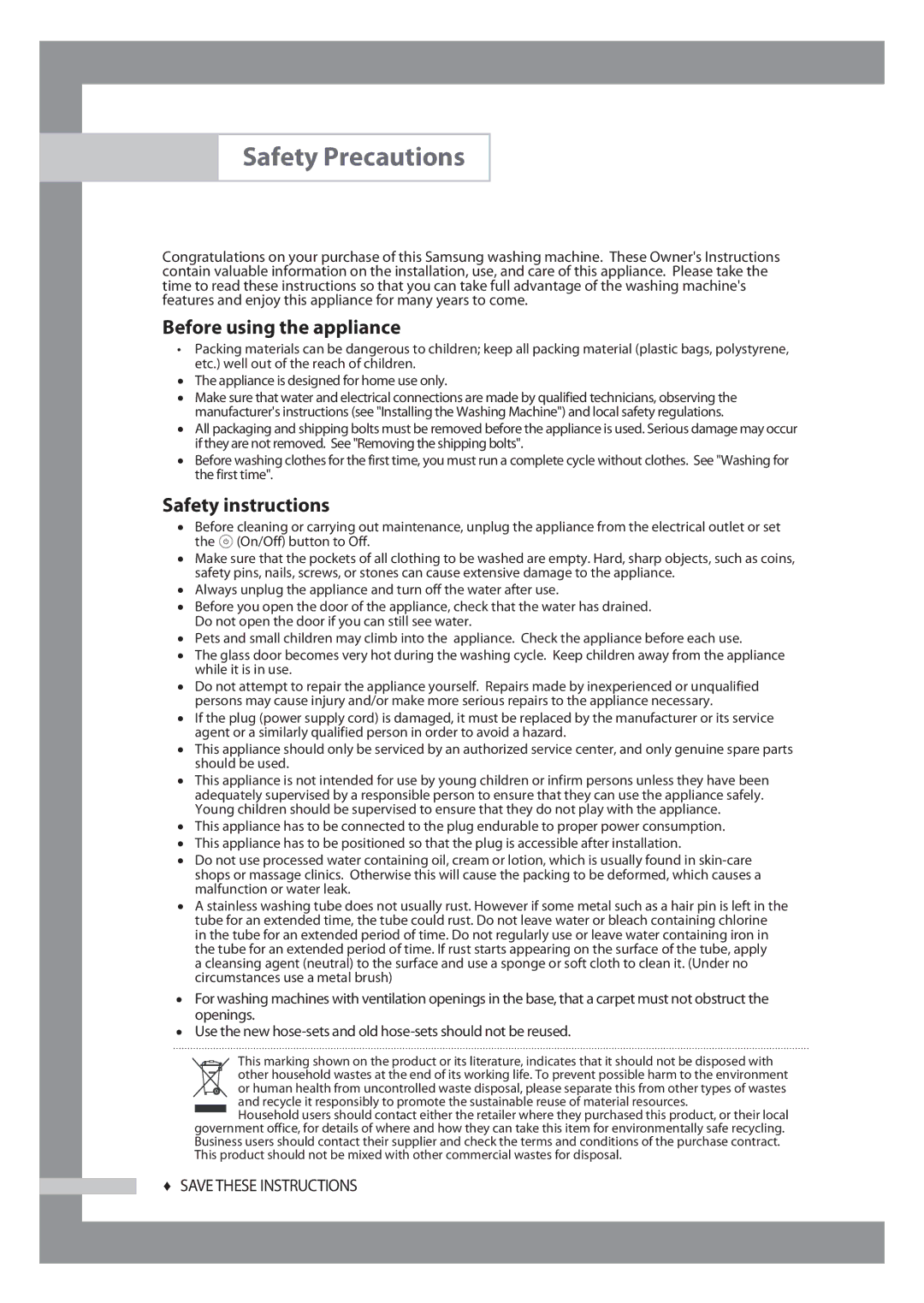 Samsung WF6520S6V/YLP, WF6450S6V/YLR, WF6450S6V/YLW Safety Precautions, Before using the appliance, Safety instructions 