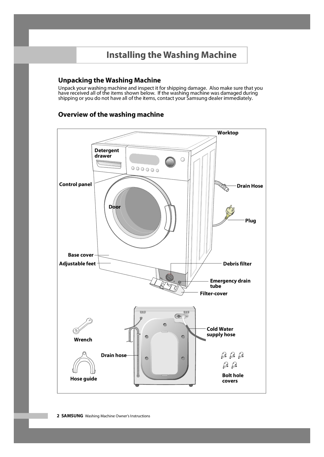 Samsung WF6450S6V/YLW manual Installing the Washing Machine, Unpacking the Washing Machine, Overview of the washing machine 