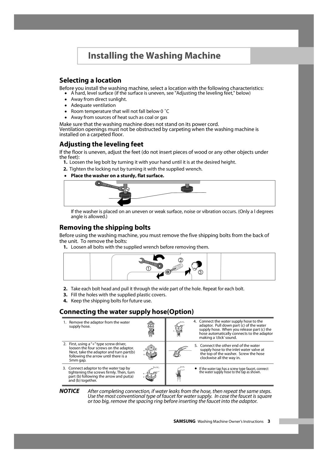 Samsung WF6520S6V/YLR, WF6450S6V/YLR manual Selecting a location, Adjusting the leveling feet, Removing the shipping bolts 