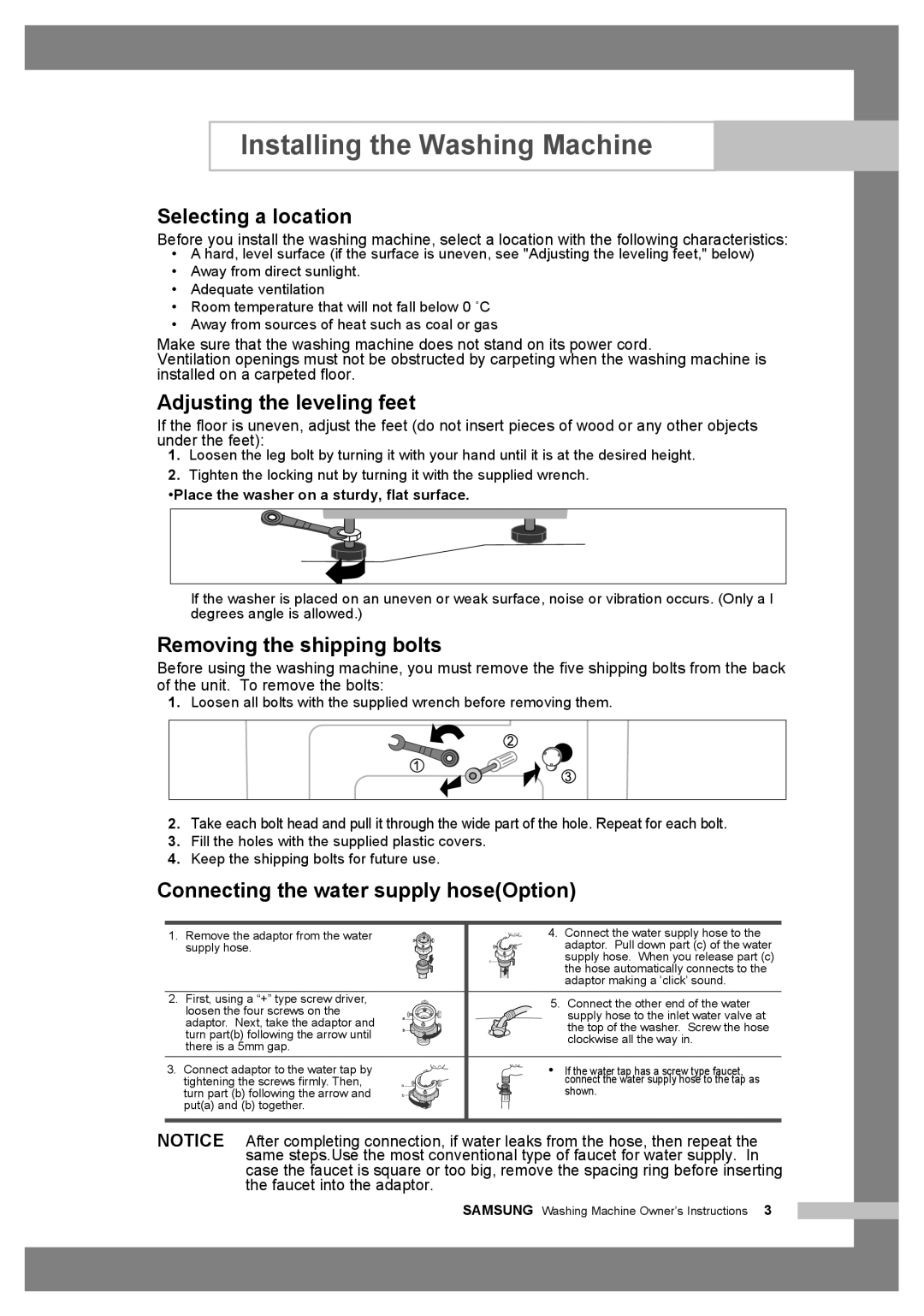 Samsung WF6450S7W/YLW, WF6458S7W/YLR manual Selecting a location, Adjusting the leveling feet, Removing the shipping bolts 