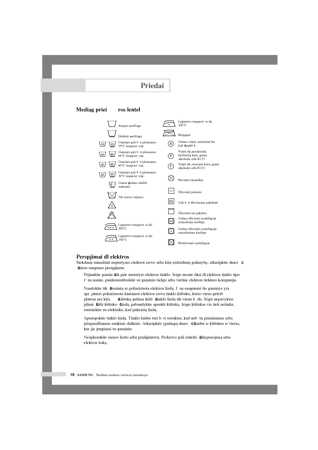 Samsung WF6522S7W/YLR, WF6458S7W/YLR, WF6450S7W/YLR manual Priedai, MedÏiag˜ prieÏiros lentelò, Perspòjimai dòl elektros 