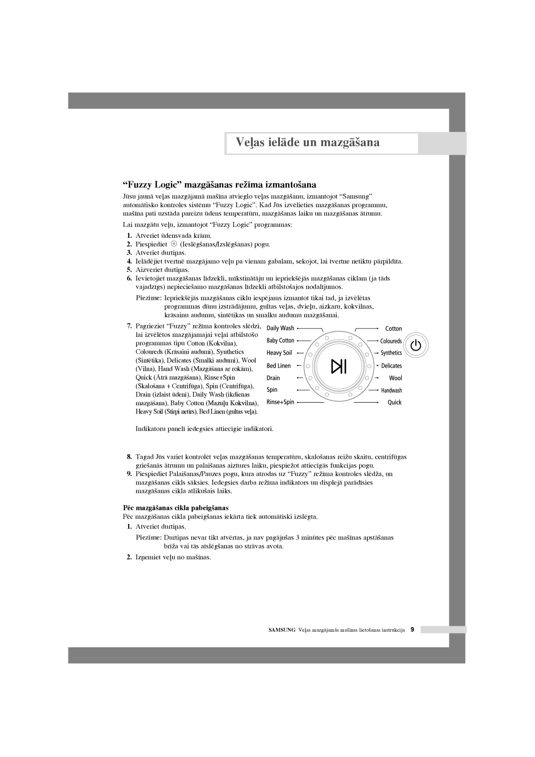 Samsung WF6450S7W/YLW manual Fuzzy Logic mazgÇ‰anas reÏ¥ma izmanto‰ana, Indikatoru panel¥ iedegsies attiec¥gie indikatori 