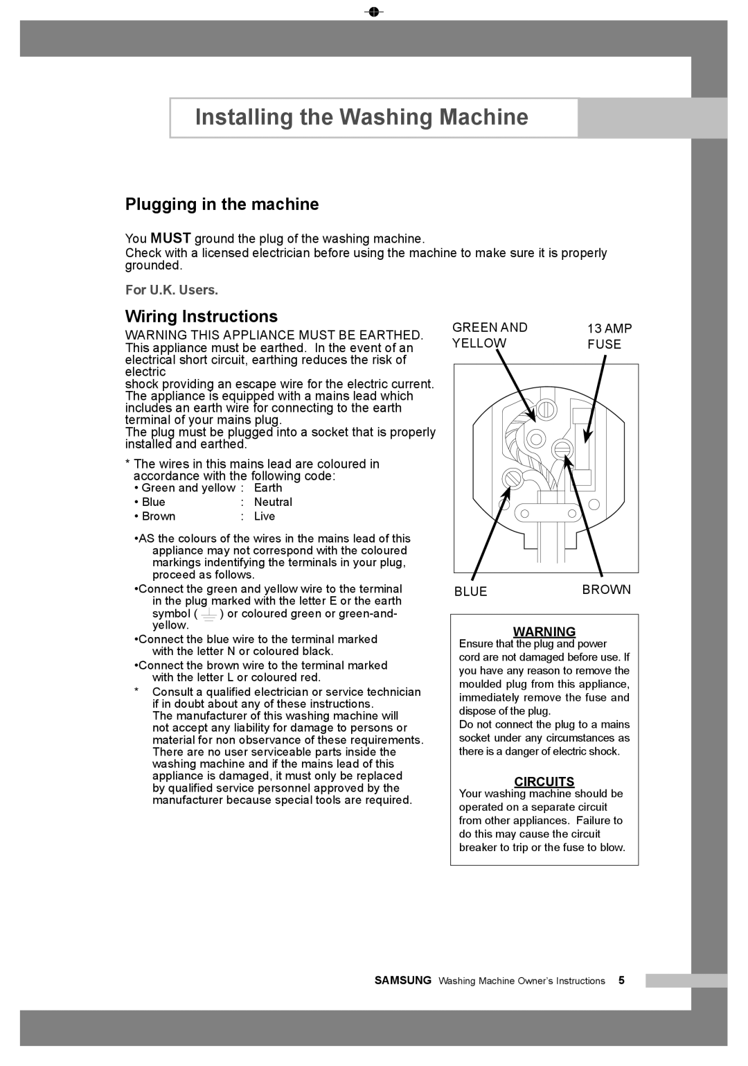 Samsung WF6450S7W/YLP, WF6458S7W/YLR, WF6450S7W/YLR Plugging in the machine, Wiring lnstructions, For U.K. Users, 13 AMP 