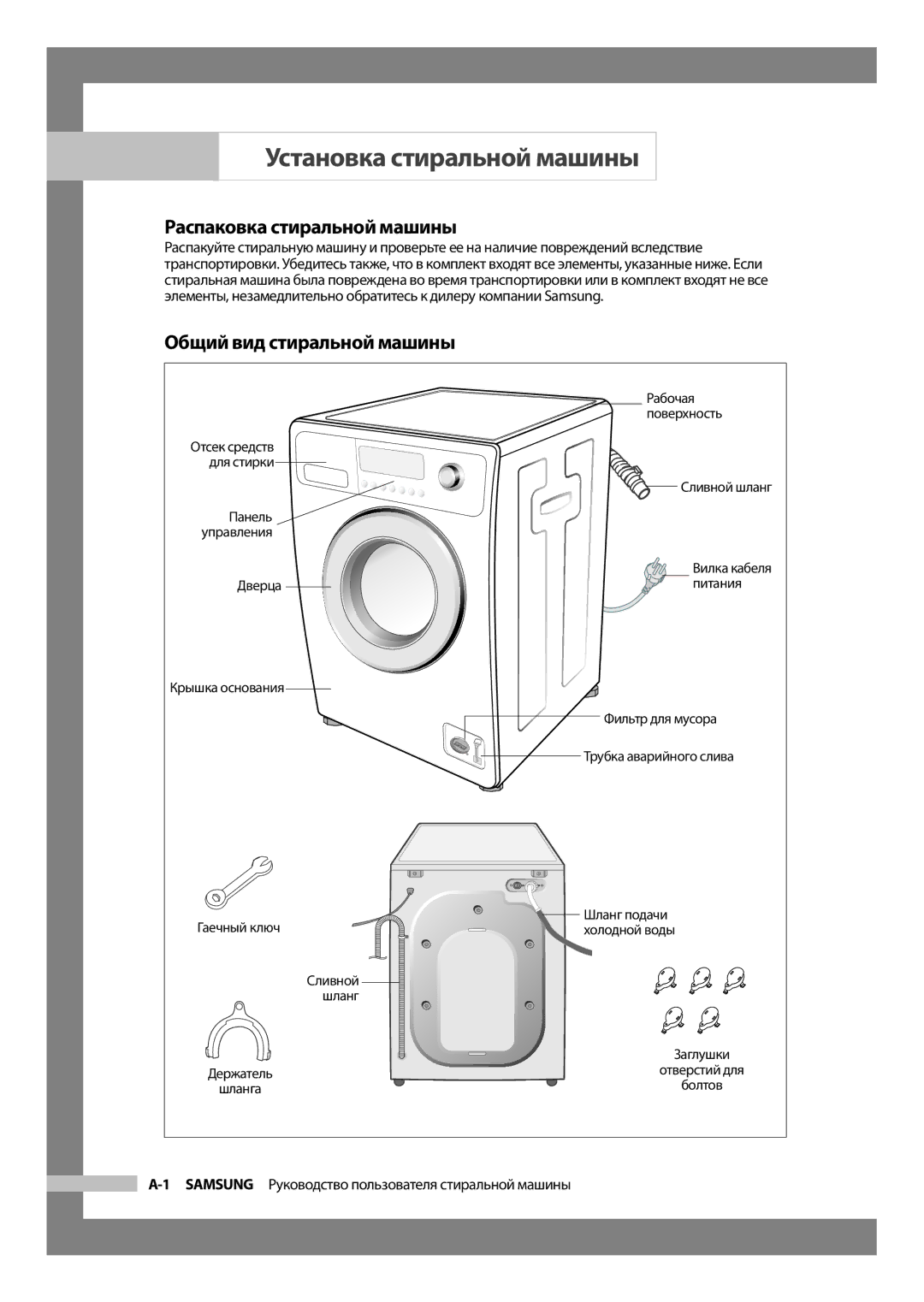 Samsung WF6520S9C/YLP manual Установка стиральной машины, Распаковка стиральной машины, Общий вид стиральной машины 