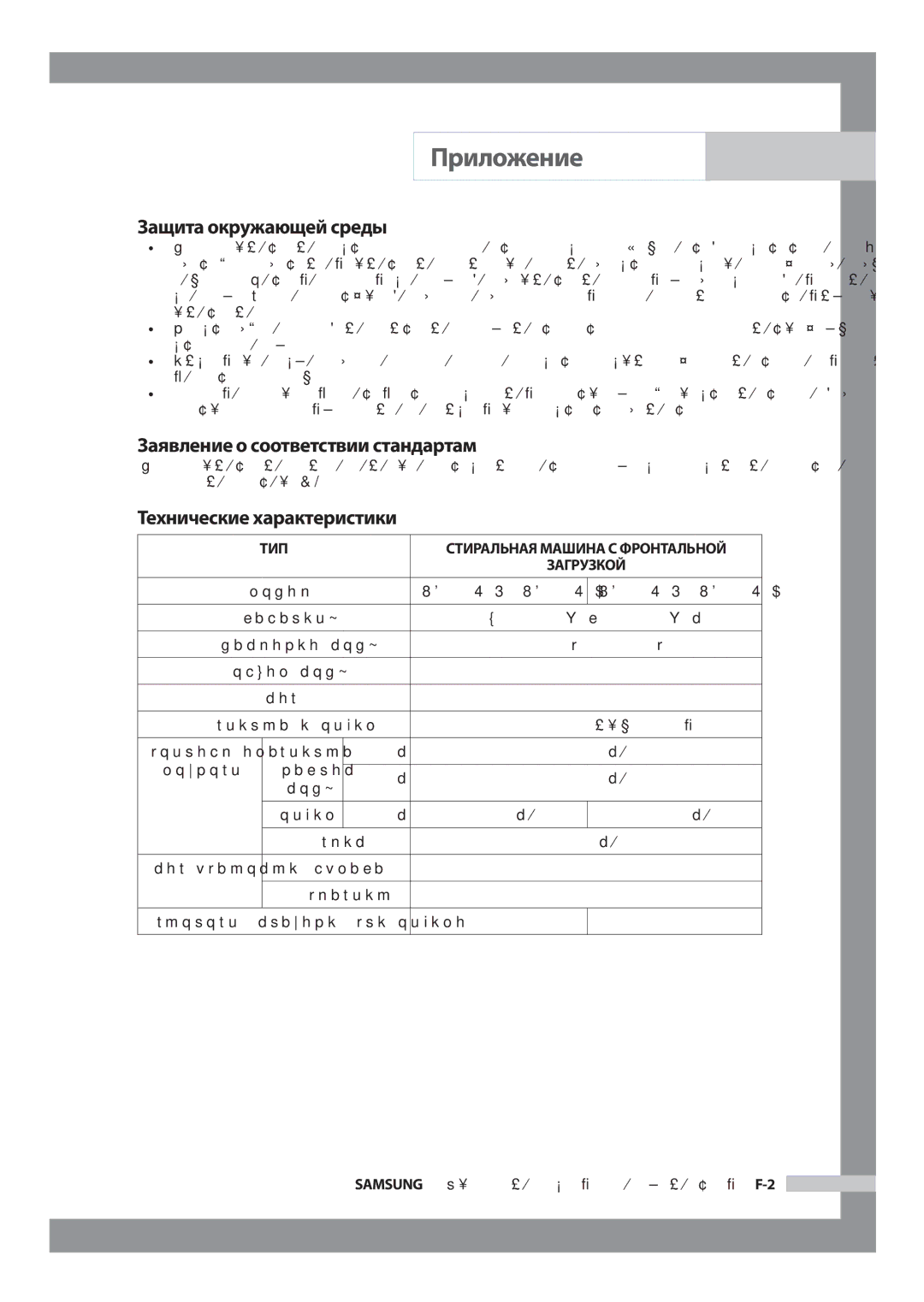 Samsung WF6522S6V/YLW manual Защита окружающей среды, Заявление о соответствии стандартам, Технические характеристики 