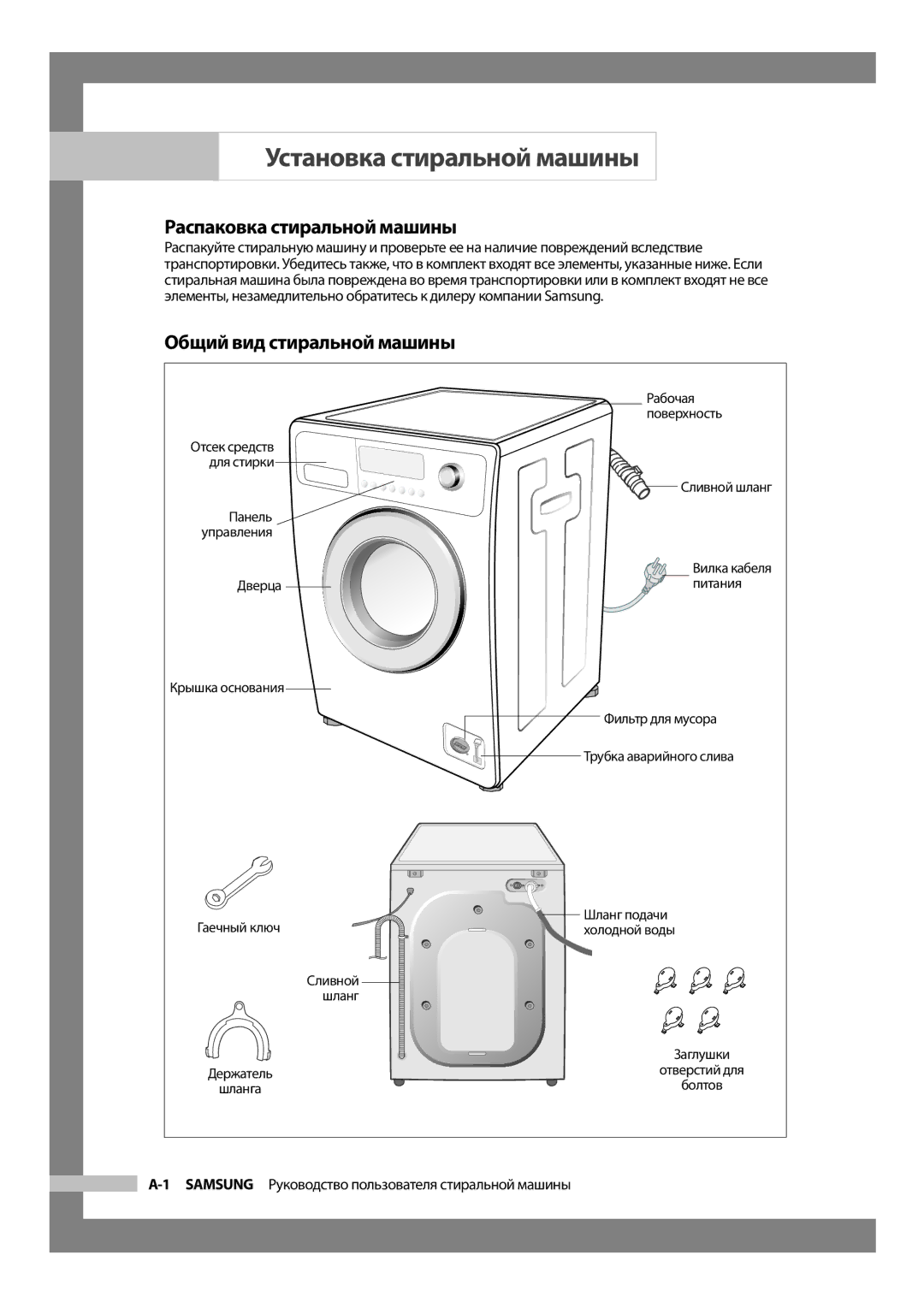 Samsung WF6520S9R/YLP manual Установка стиральной машины, Распаковка стиральной машины, Общий вид стиральной машины 