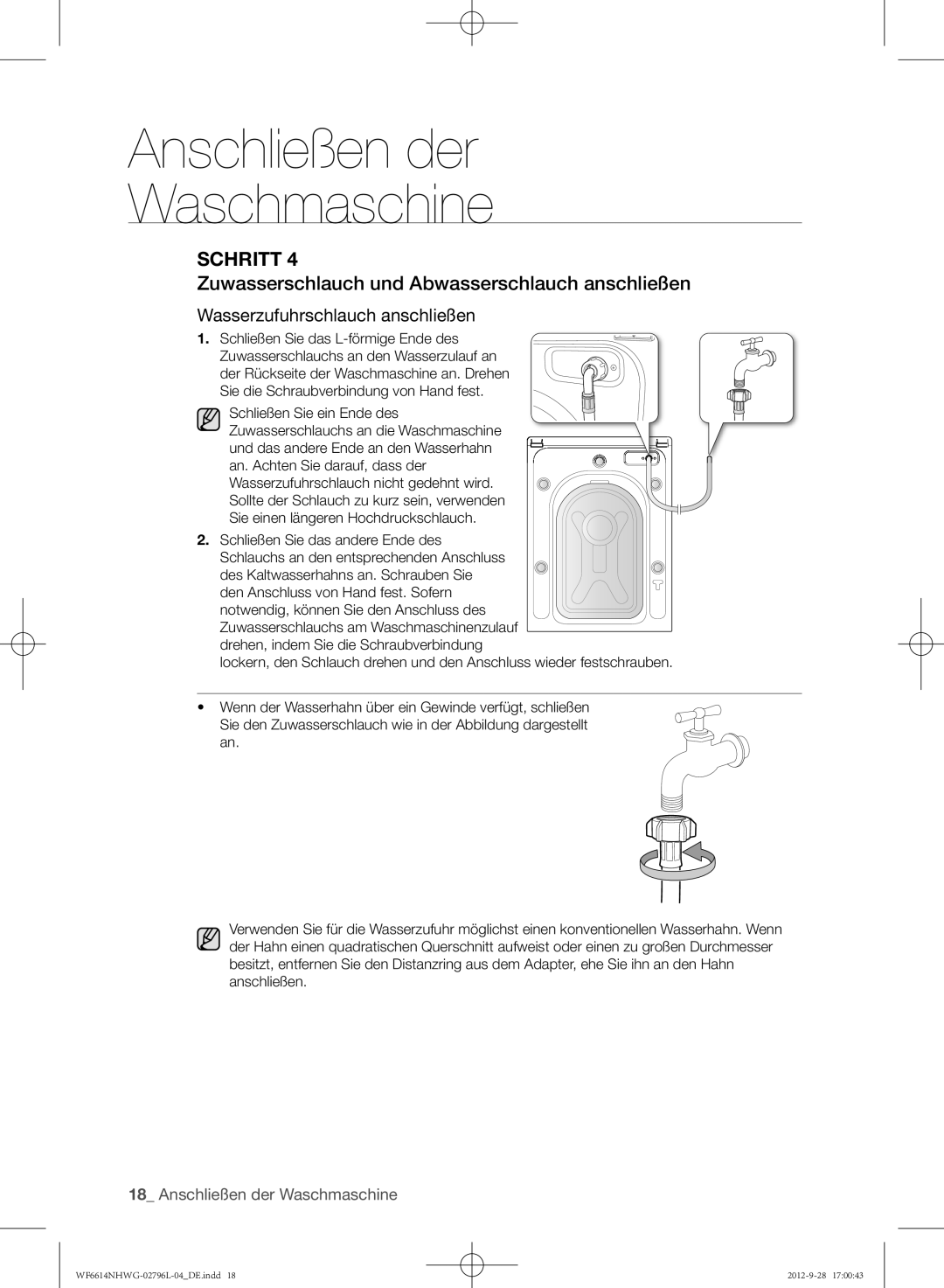 Samsung WF6612NHWG/XEG, WF6614NHWG/XEG Zuwasserschlauch und Abwasserschlauch anschließen, Wasserzufuhrschlauch anschließen 