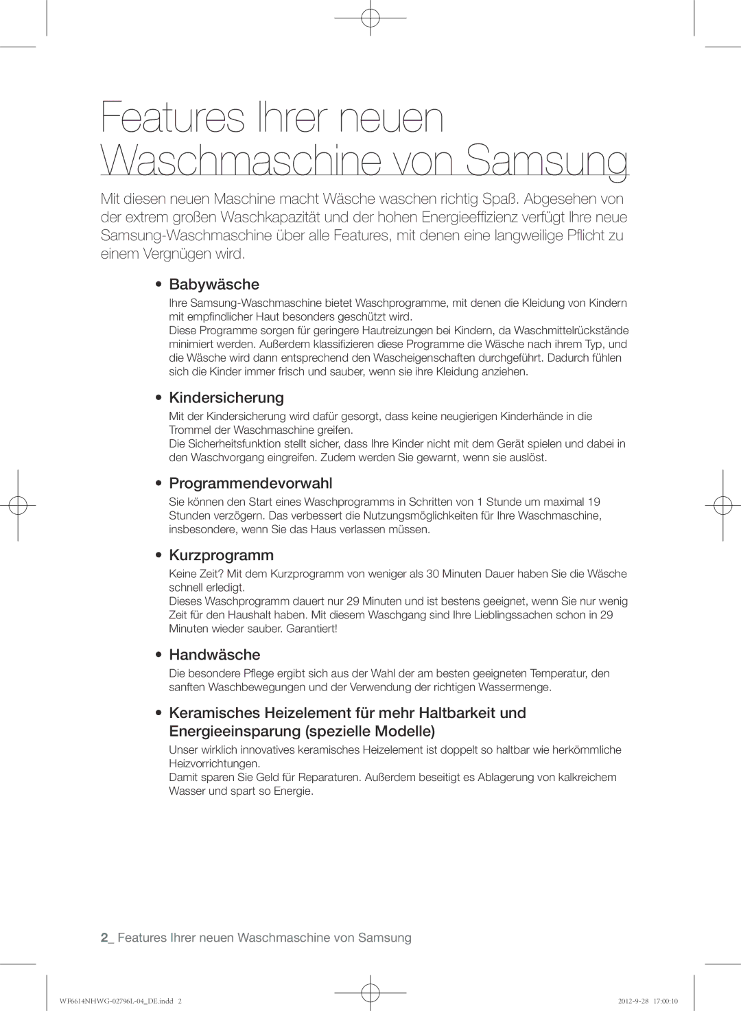 Samsung WF6604NHWG/XEG, WF6612NHWG/XEG, WF6614NHWG/XEG manual Kindersicherung, Programmendevorwahl, Kurzprogramm, Handwäsche 