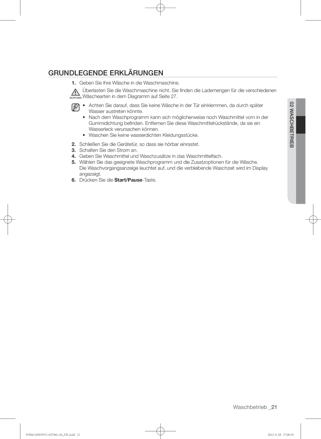 Samsung WF6612NHWG/XEG, WF6614NHWG/XEG, WF6604NHWG/XEG manual Grundlegende Erklärungen 