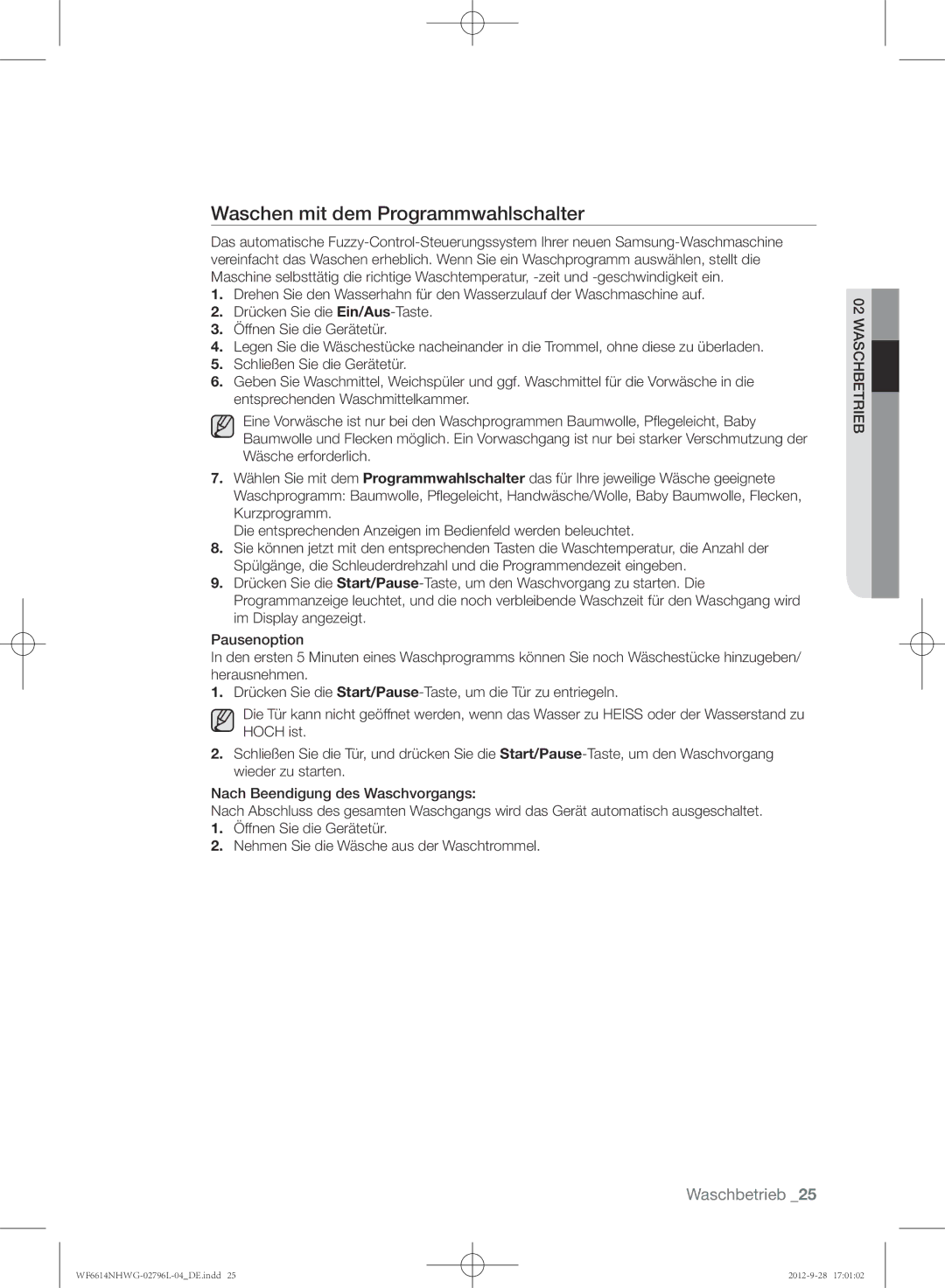 Samsung WF6614NHWG/XEG, WF6612NHWG/XEG, WF6604NHWG/XEG manual Waschen mit dem Programmwahlschalter 