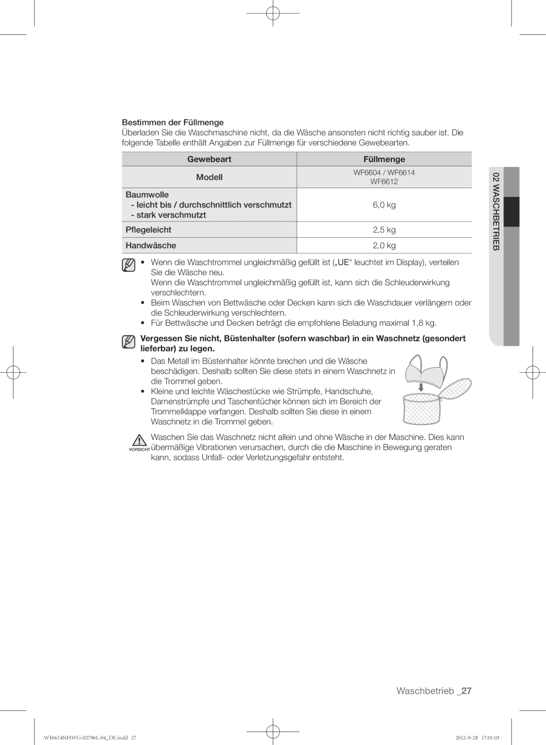 Samsung WF6612NHWG/XEG, WF6614NHWG/XEG, WF6604NHWG/XEG manual Gewebeart Füllmenge 