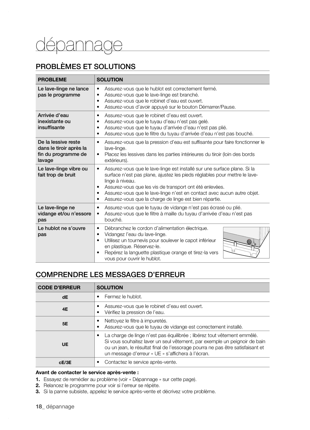 Samsung WF6702N7W/YMF manual Dépannage, Problèmes ET Solutions, Comprendre LES Messages D’ERREUR 