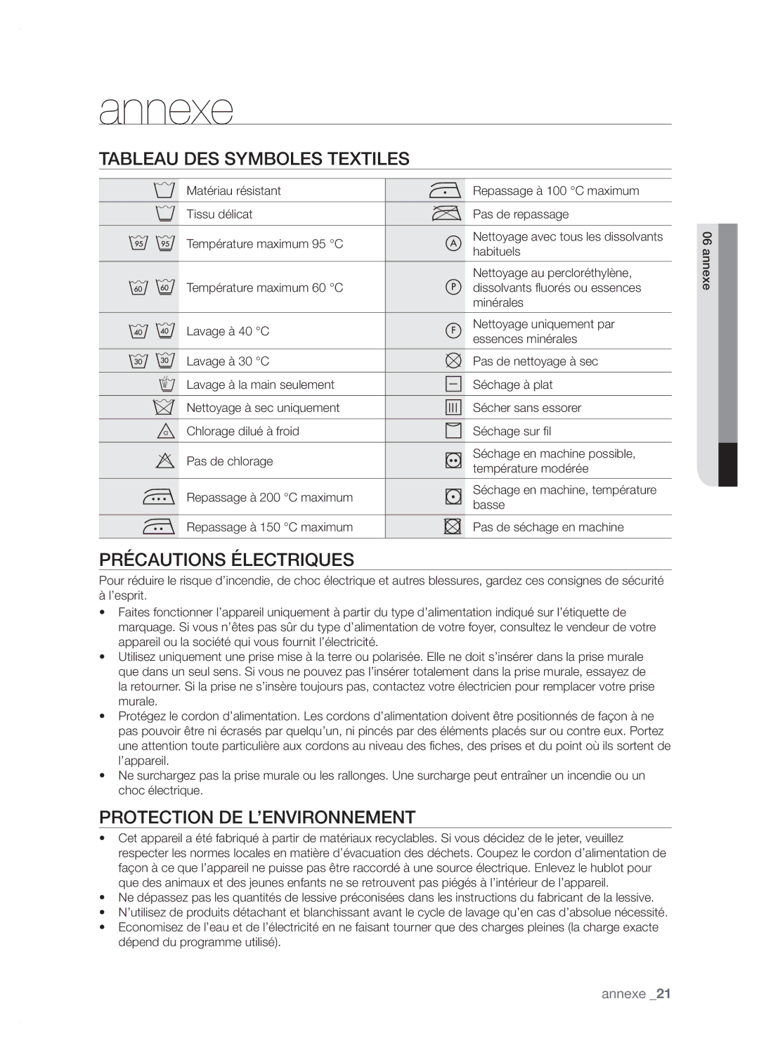 Samsung WF6702N7W/YMF manual Annexe, Tableau DES Symboles Textiles, Précautions Électriques, Protection DE L’ENVIRONNEMENT 