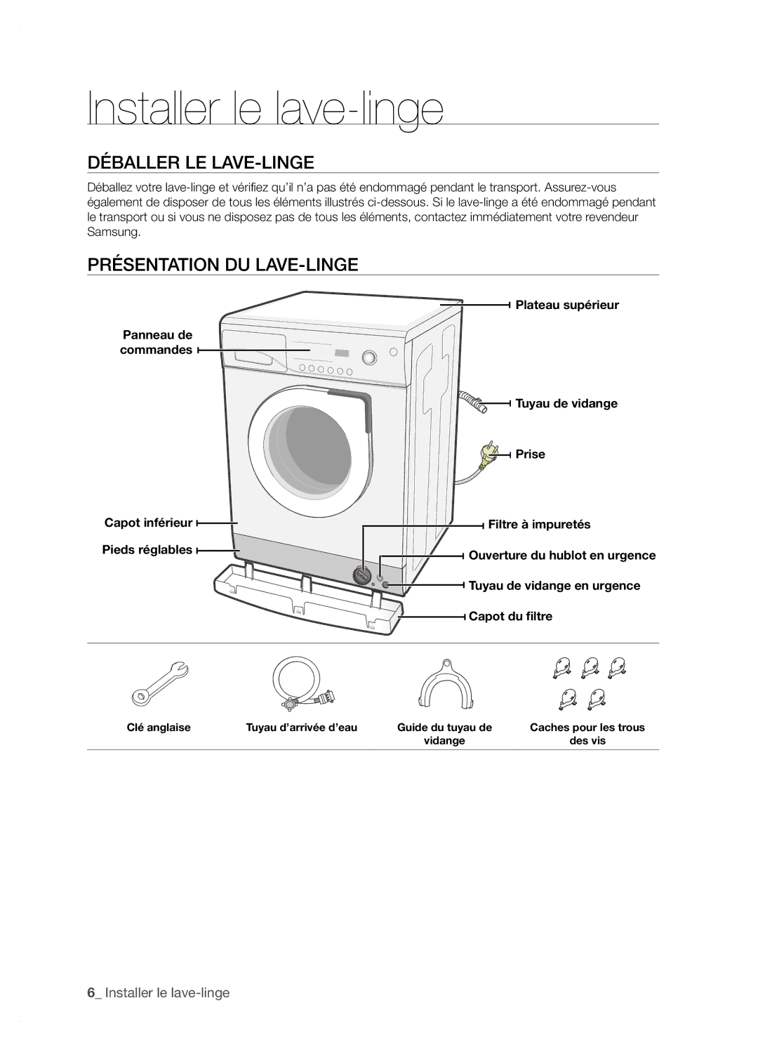 Samsung WF6702N7W/YMF manual Installer le lave-linge, Déballer LE LAVE-LINGE, Présentation DU LAVE-LINGE 