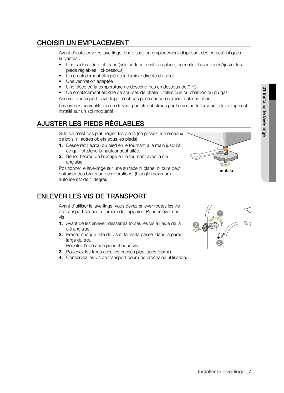 Samsung WF6702N7W/YMF manual Choisir UN Emplacement, Ajuster LES Pieds Réglables, Enlever LES VIS DE Transport 