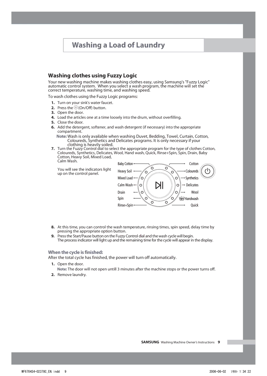 Samsung WF6520S4V/YLR, WF6702S4V/YLR, WF6522S4V/YLW manual Washing clothes using Fuzzy Logic, When the cycle is finished 