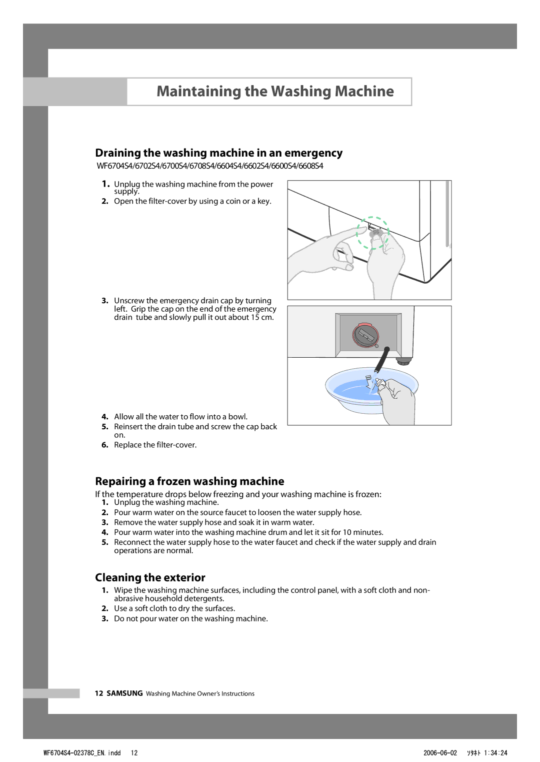 Samsung WF6450S4V/YLP Maintaining the Washing Machine, Draining the washing machine in an emergency, Cleaning the exterior 