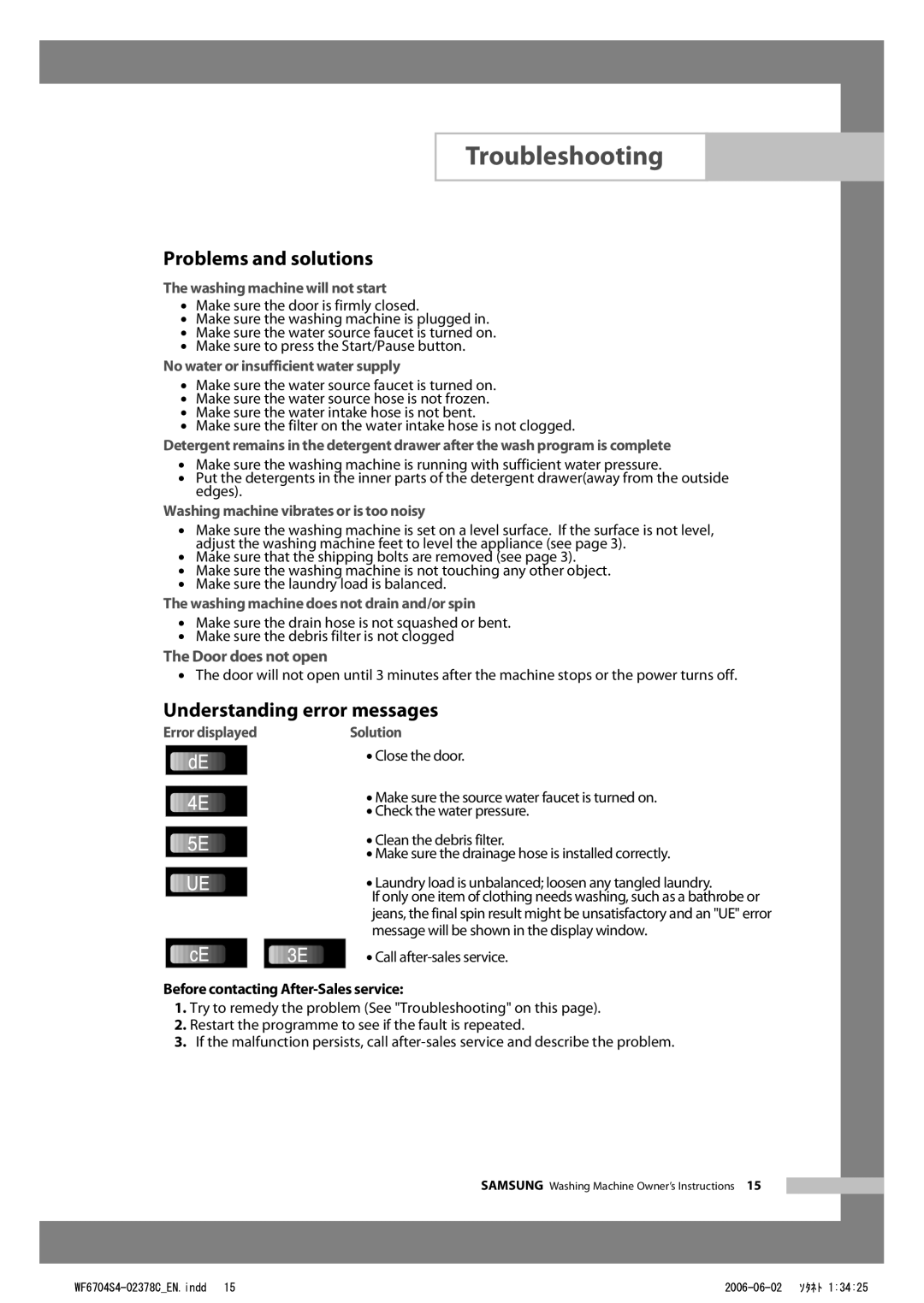 Samsung WF6522S4V/YLW, WF6702S4V/YLR, WF6450S4V/YLW Troubleshooting, Problems and solutions, Understanding error messages 