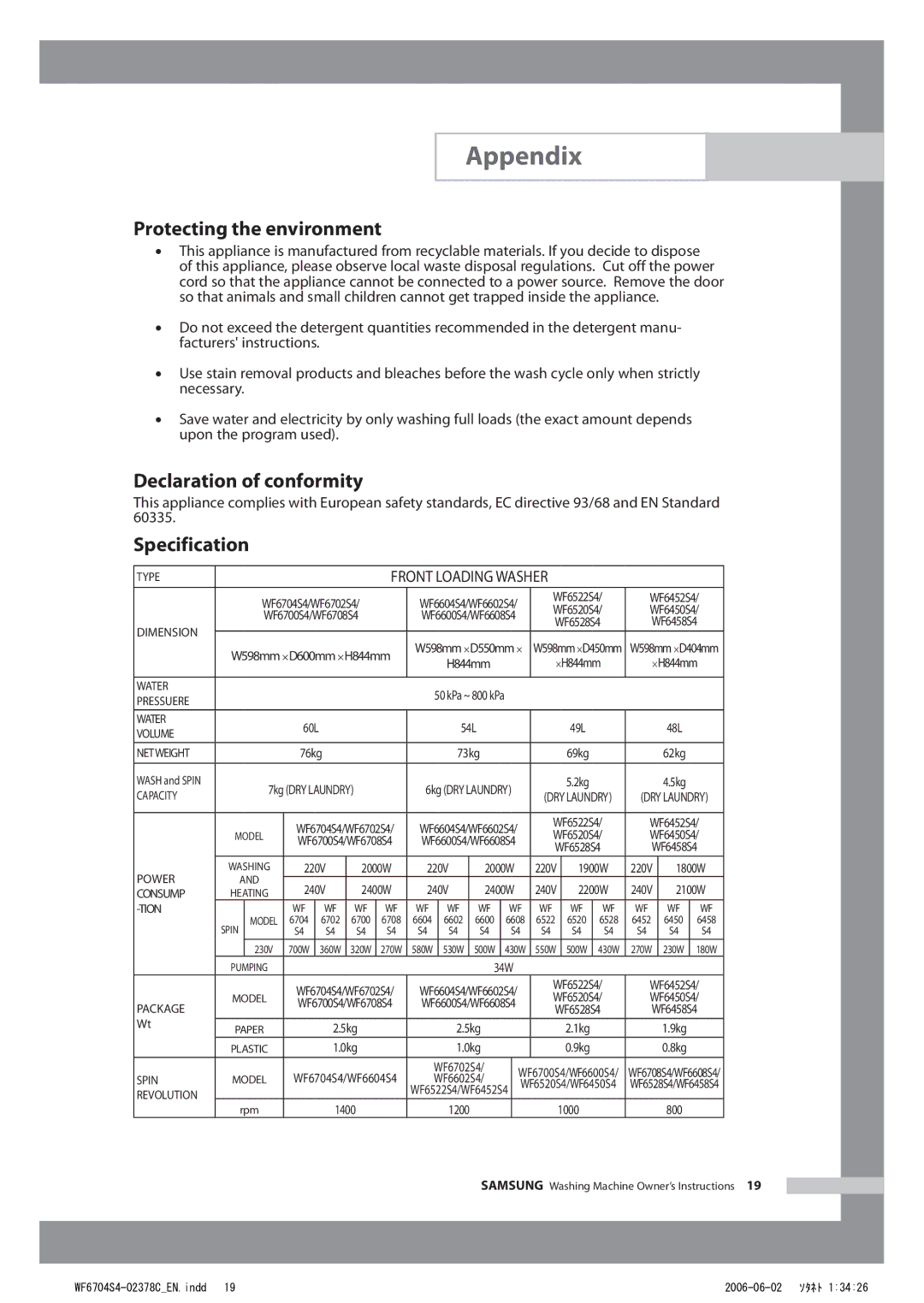 Samsung WF6450S4V/YLR, WF6702S4V/YLR, WF6522S4V/YLW Protecting the environment, Declaration of conformity, Specification 