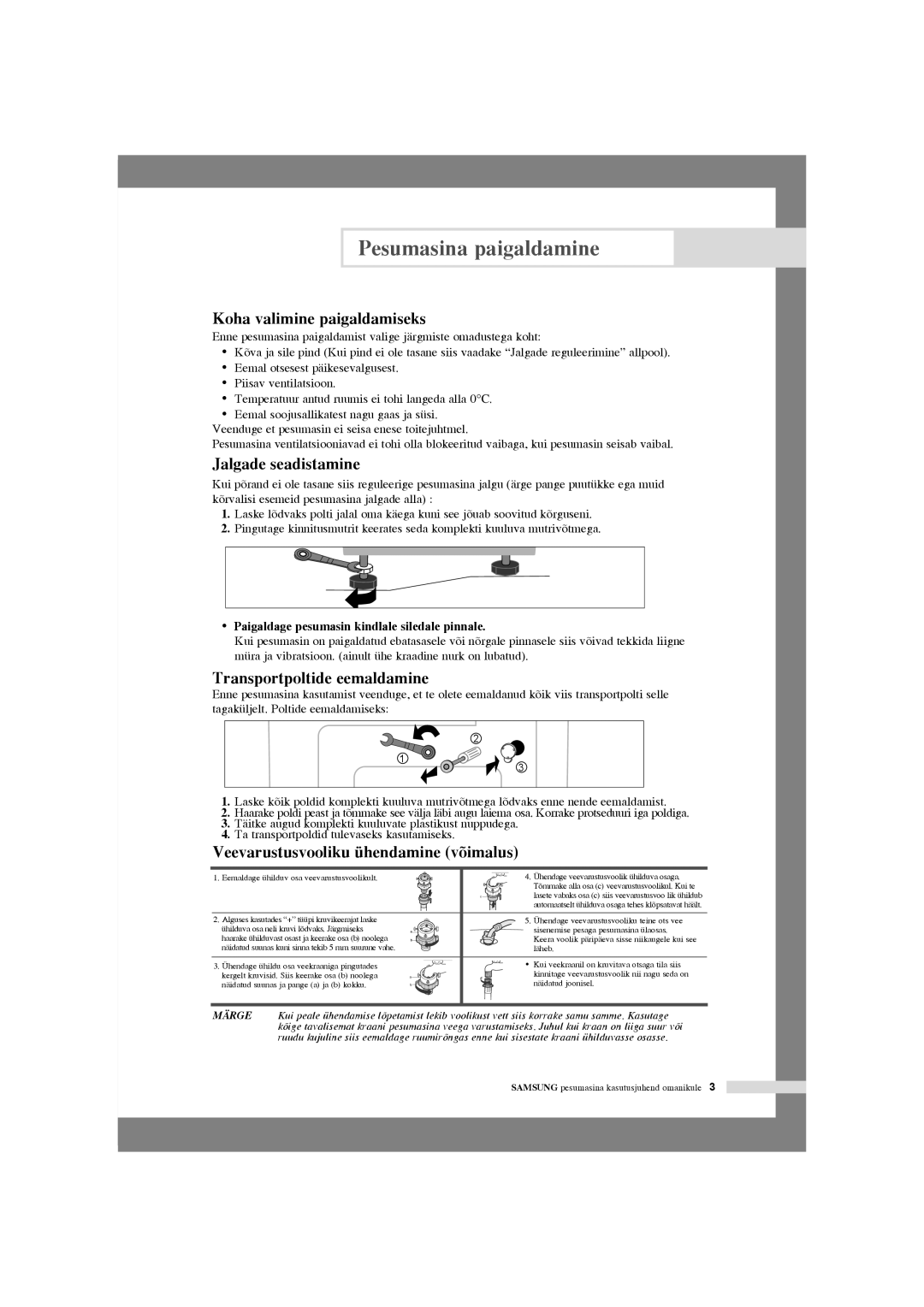 Samsung WF6520S4V/YLR, WF6702S4V/YLR manual Koha valimine paigaldamiseks, Jalgade seadistamine, Transportpoltide eemaldamine 