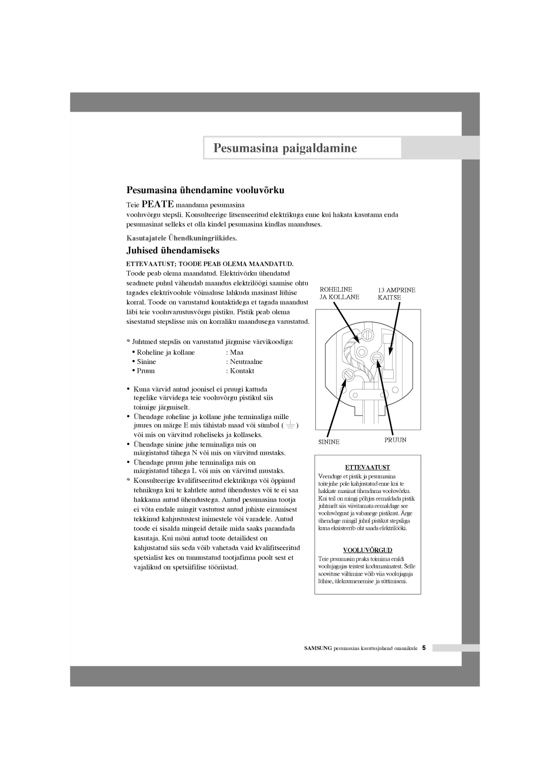 Samsung WF6520S4V/YLW manual Pesumasina ühendamine vooluvõrku, Juhised ühendamiseks, Kasutajatele Ühendkuningriikides 