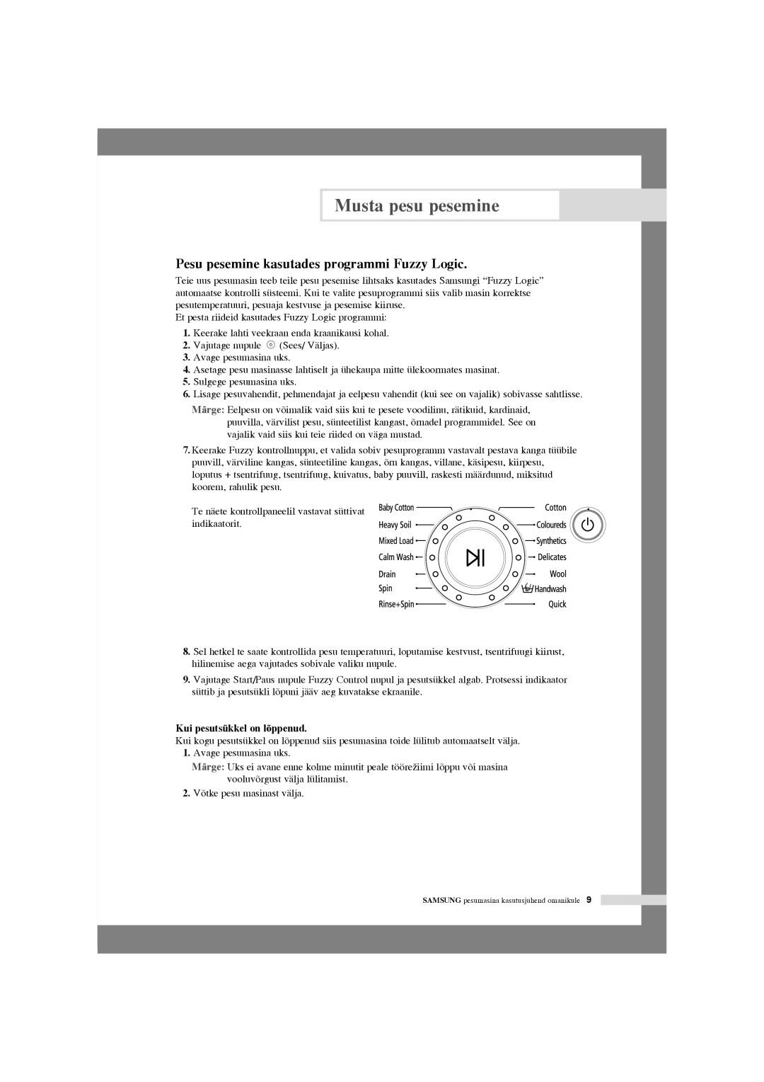 Samsung WF6522S4V/YLW, WF6702S4V/YLR manual Pesu pesemine kasutades programmi Fuzzy Logic, Kui pesutsükkel on lõppenud 