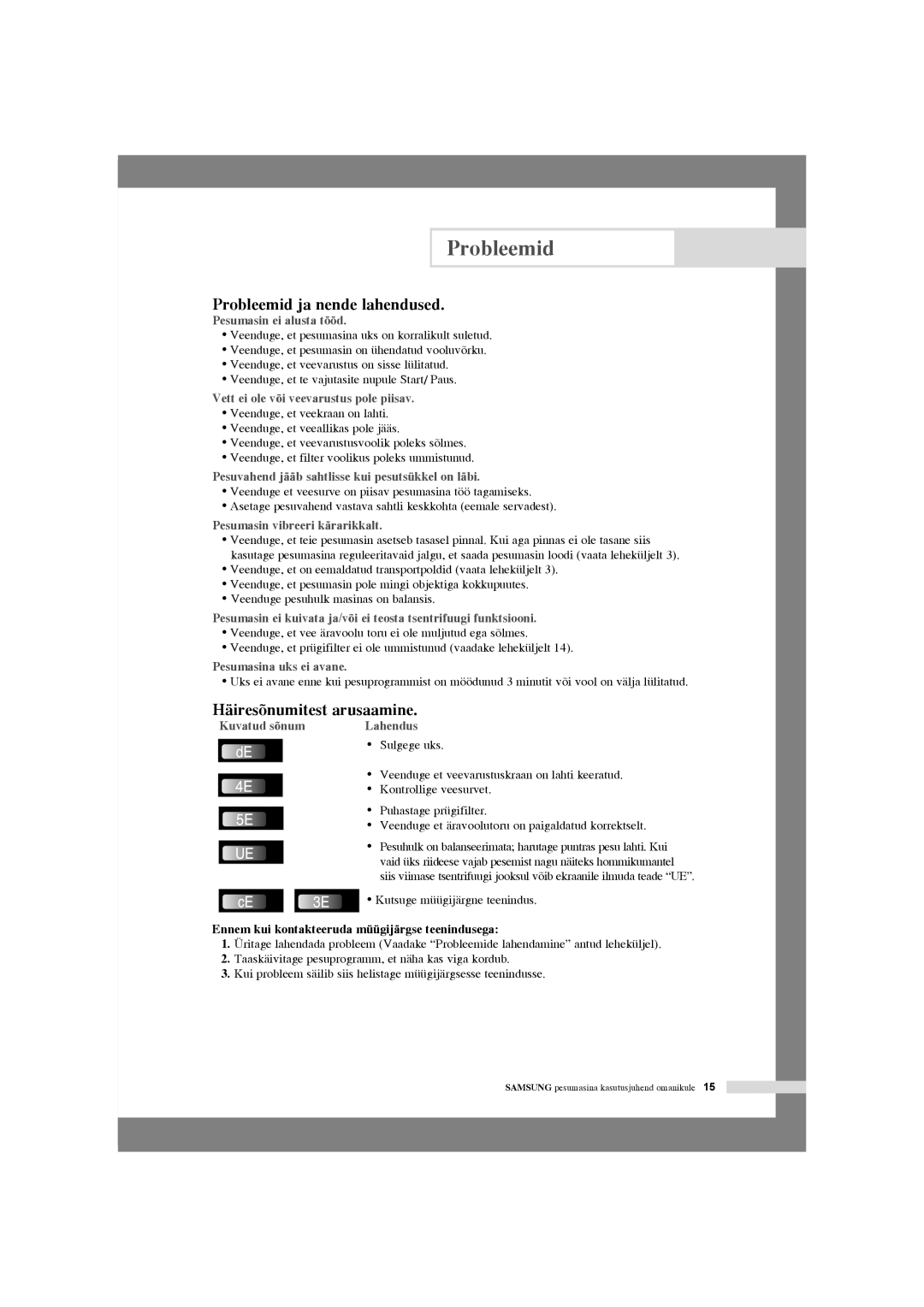 Samsung WF6450S4V/YLP, WF6702S4V/YLR, WF6522S4V/YLW manual Probleemid ja nende lahendused, Häiresõnumitest arusaamine 