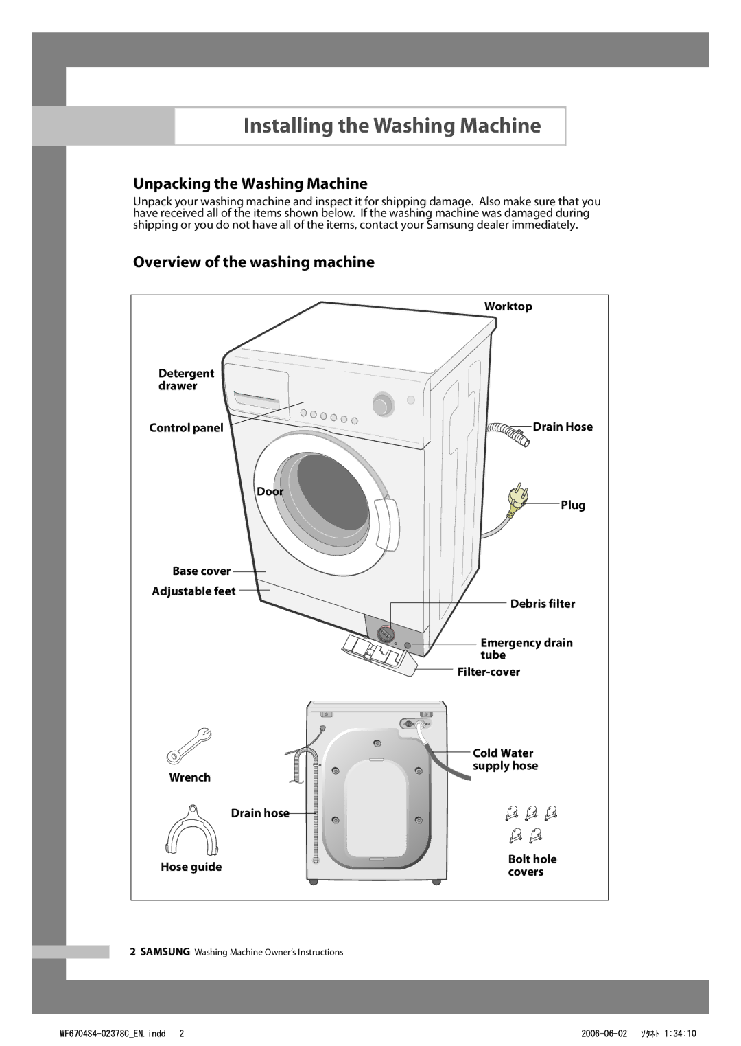 Samsung WF6520S4V/YLW manual Installing the Washing Machine, Unpacking the Washing Machine, Overview of the washing machine 