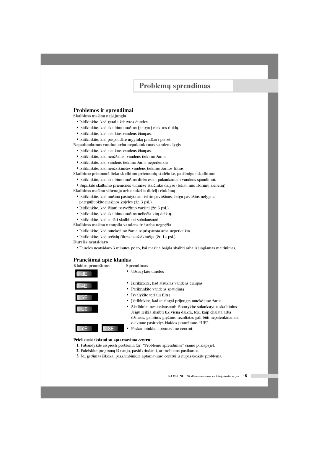 Samsung WF6520S4V/YLR, WF6702S4V/YLR, WF6522S4V/YLW Problem˜ sprendimas, Problemos ir sprendimai, Prane‰imai apie klaidas 