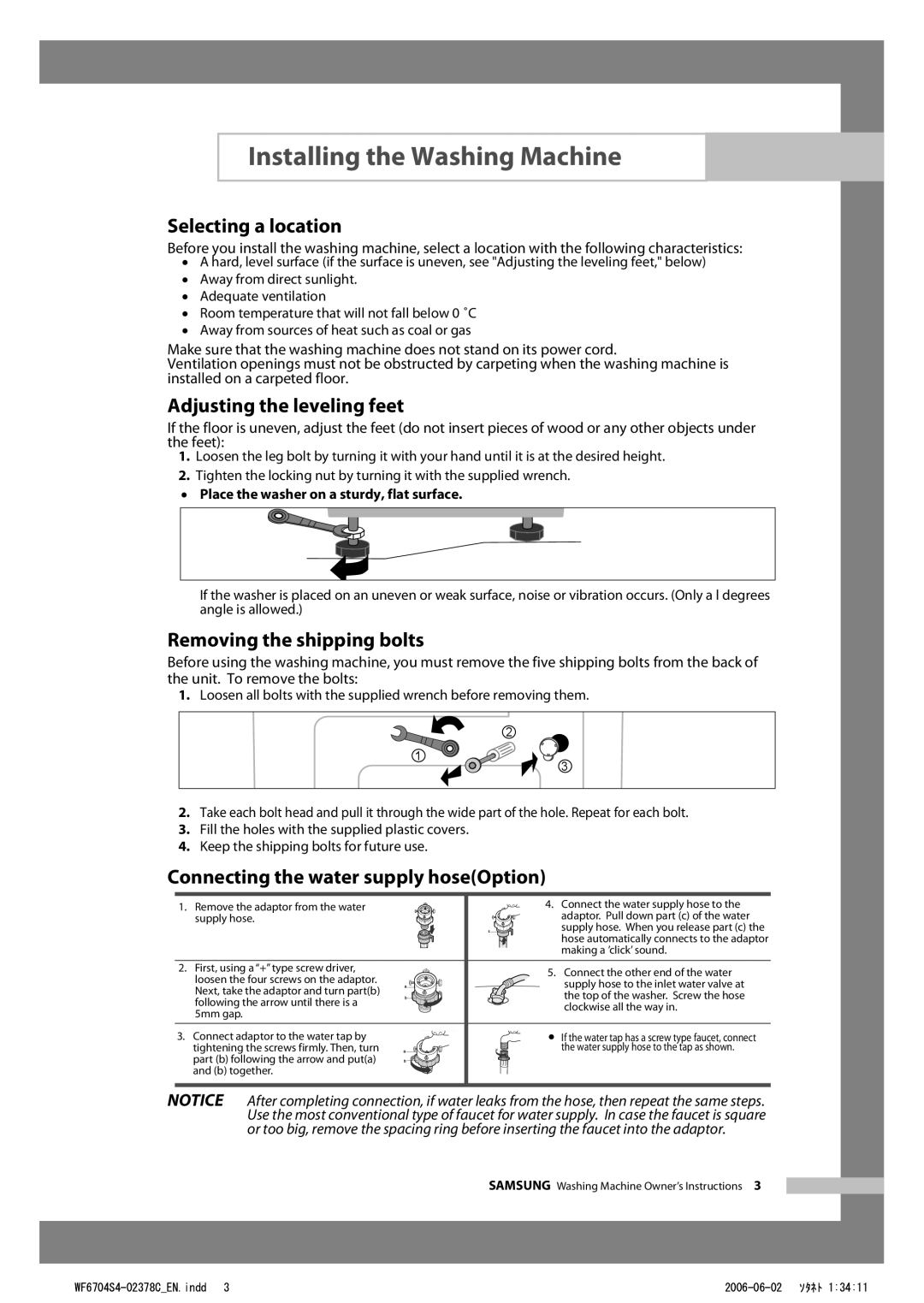 Samsung WF6450S4V/YLP, WF6702S4V/YLR manual Selecting a location, Adjusting the leveling feet, Removing the shipping bolts 