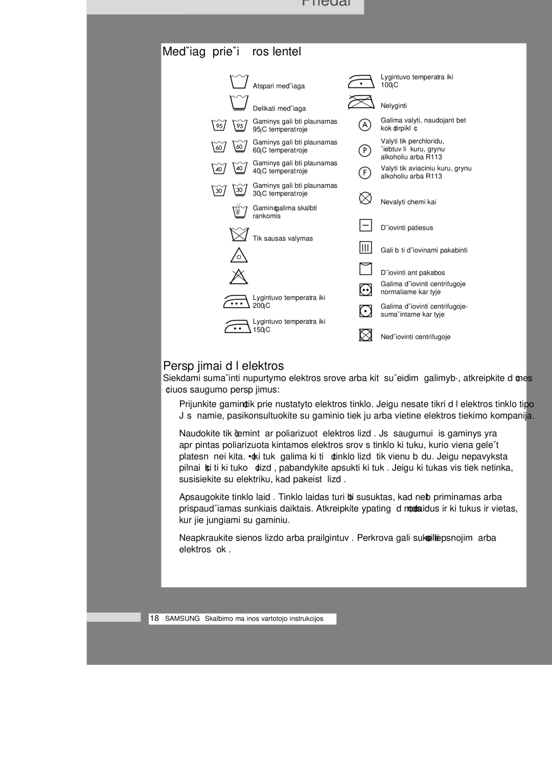 Samsung WF6450S4V/YLP, WF6702S4V/YLR, WF6522S4V/YLW manual Priedai, MedÏiag˜ prieÏiros lentelò, Perspòjimai dòl elektros 